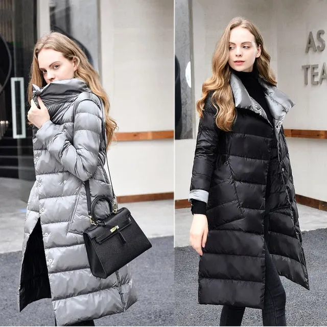 2018 Ultra Light Down Jacket Reversible Two Side Wear 90% white duck down Long Coat Slim Stand Collar Outwear Waterproof