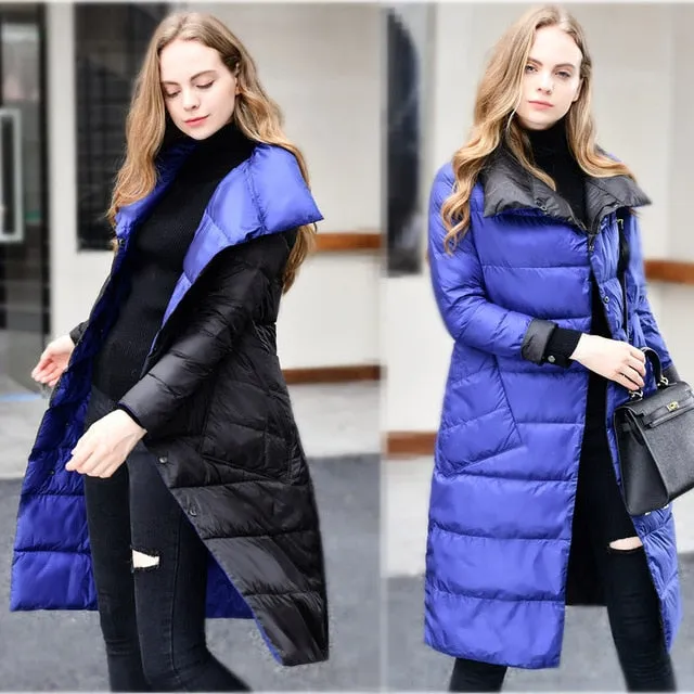 2018 Ultra Light Down Jacket Reversible Two Side Wear 90% white duck down Long Coat Slim Stand Collar Outwear Waterproof