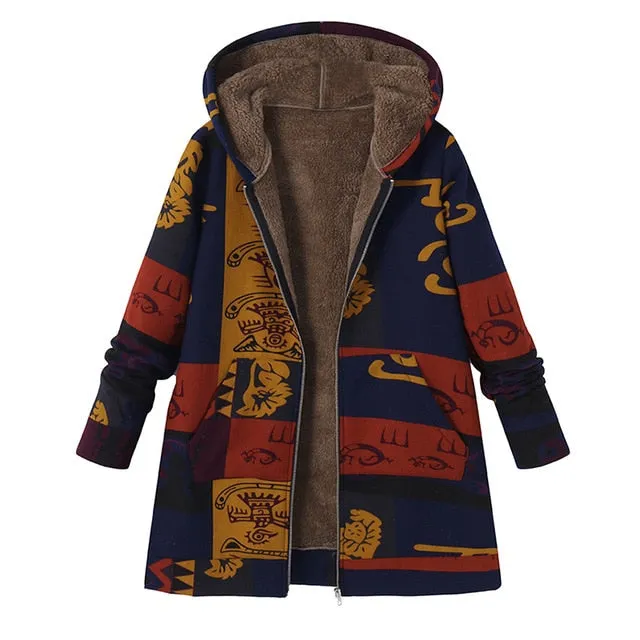 2018 ZANZEA Fashion Long Sleeve Hooded Winter Thicken Warm Coat Women Plus Size L 5XL Faux Fluffy Ethnic Printed Basic Outerwear