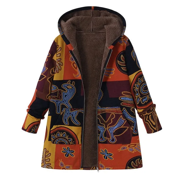 2018 ZANZEA Fashion Long Sleeve Hooded Winter Thicken Warm Coat Women Plus Size L 5XL Faux Fluffy Ethnic Printed Basic Outerwear