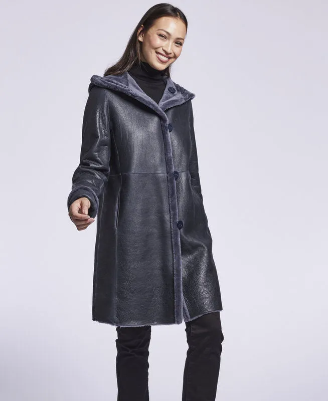 #6169 Hooded Reversible Shearling Coat