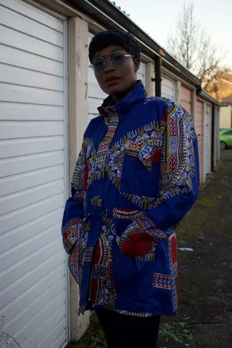 African Coat in Blue Dashiki - African Winter Coat