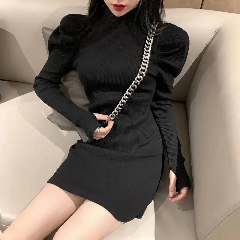 Autumn Knitted One-piece Dress Korean Women Winter Warm Puff Long Sleeve Sexy Mini Dress Bodycon Black Dresses Kpop