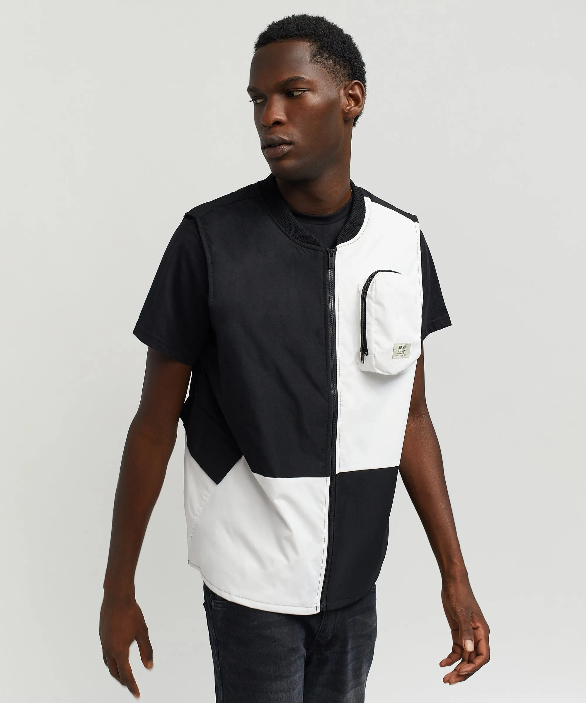 Bader Cotton Twill Color Block Utility Vest - Black&White