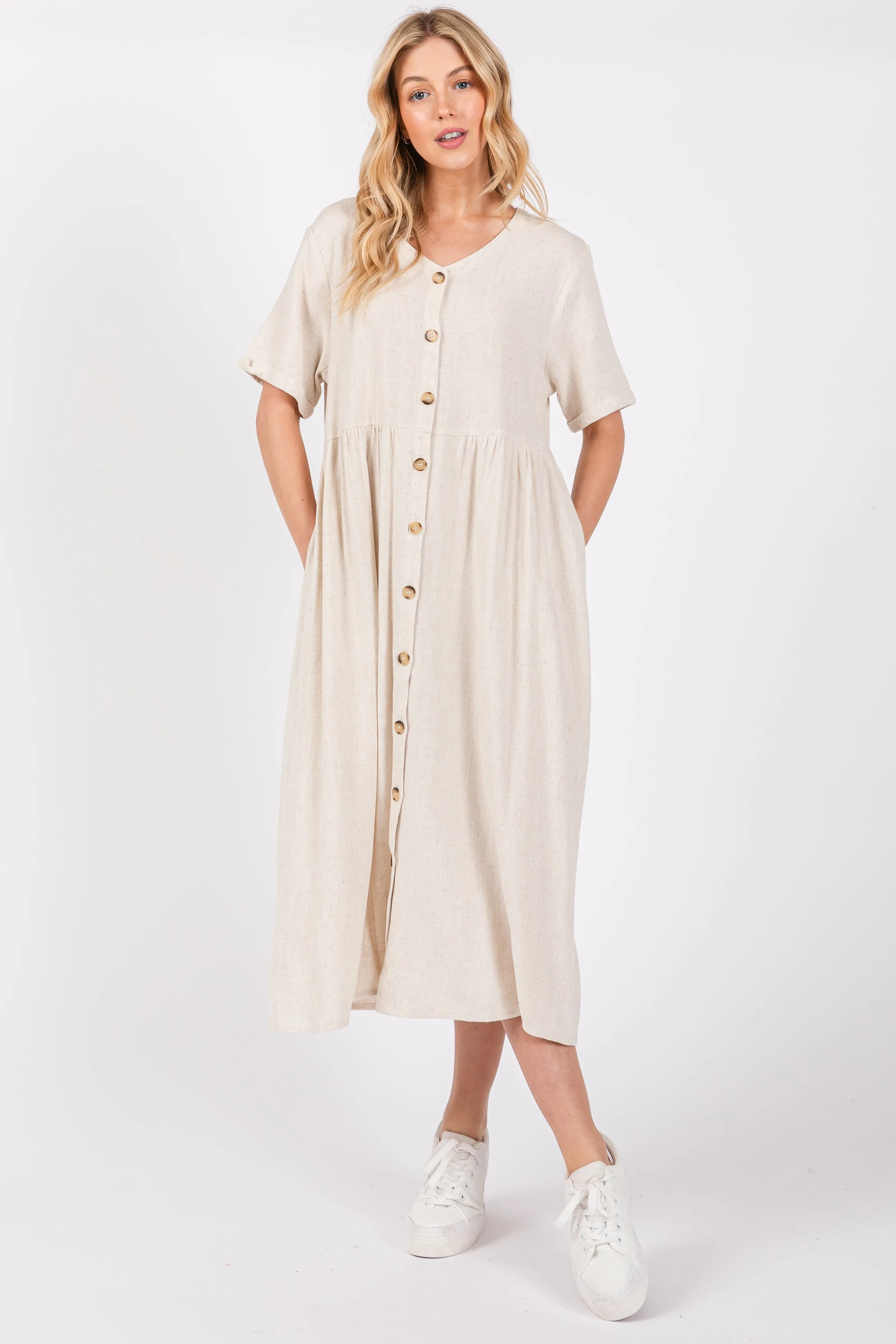 Beige Button Down Midi Dress