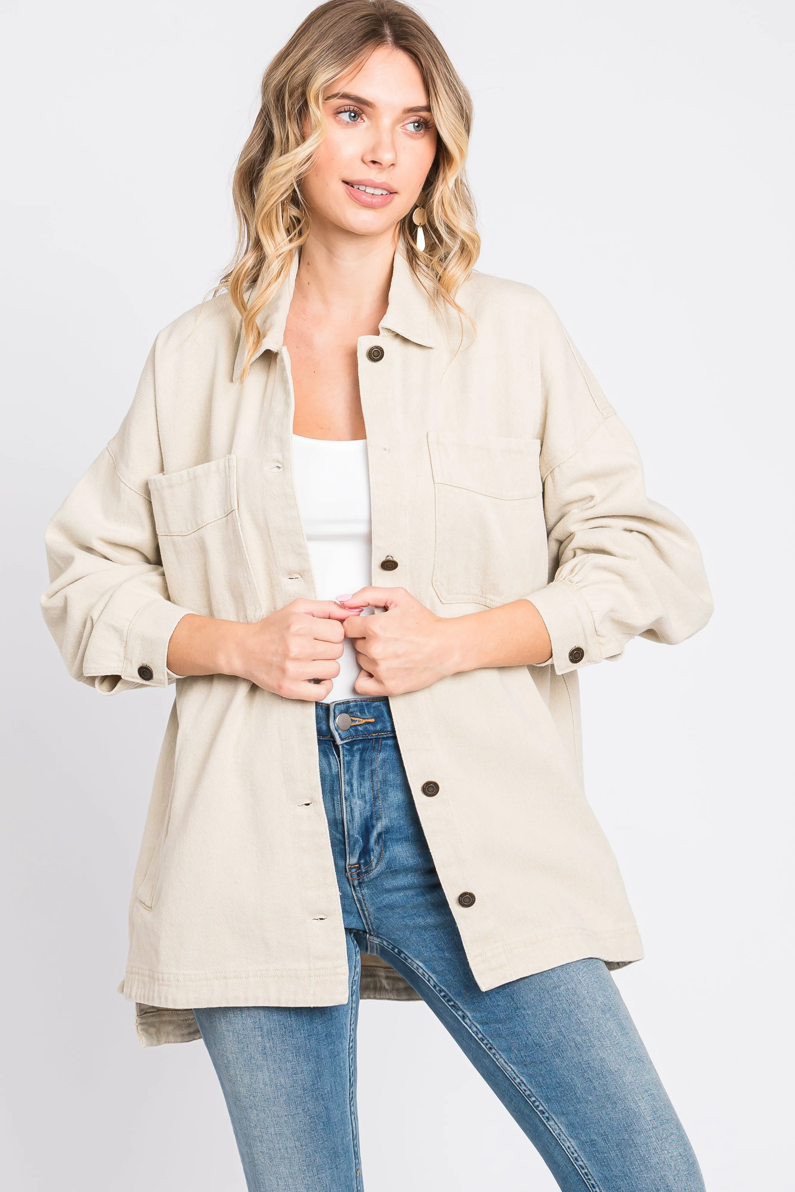 Beige Denim Button Down Button Down Maternity Jacket