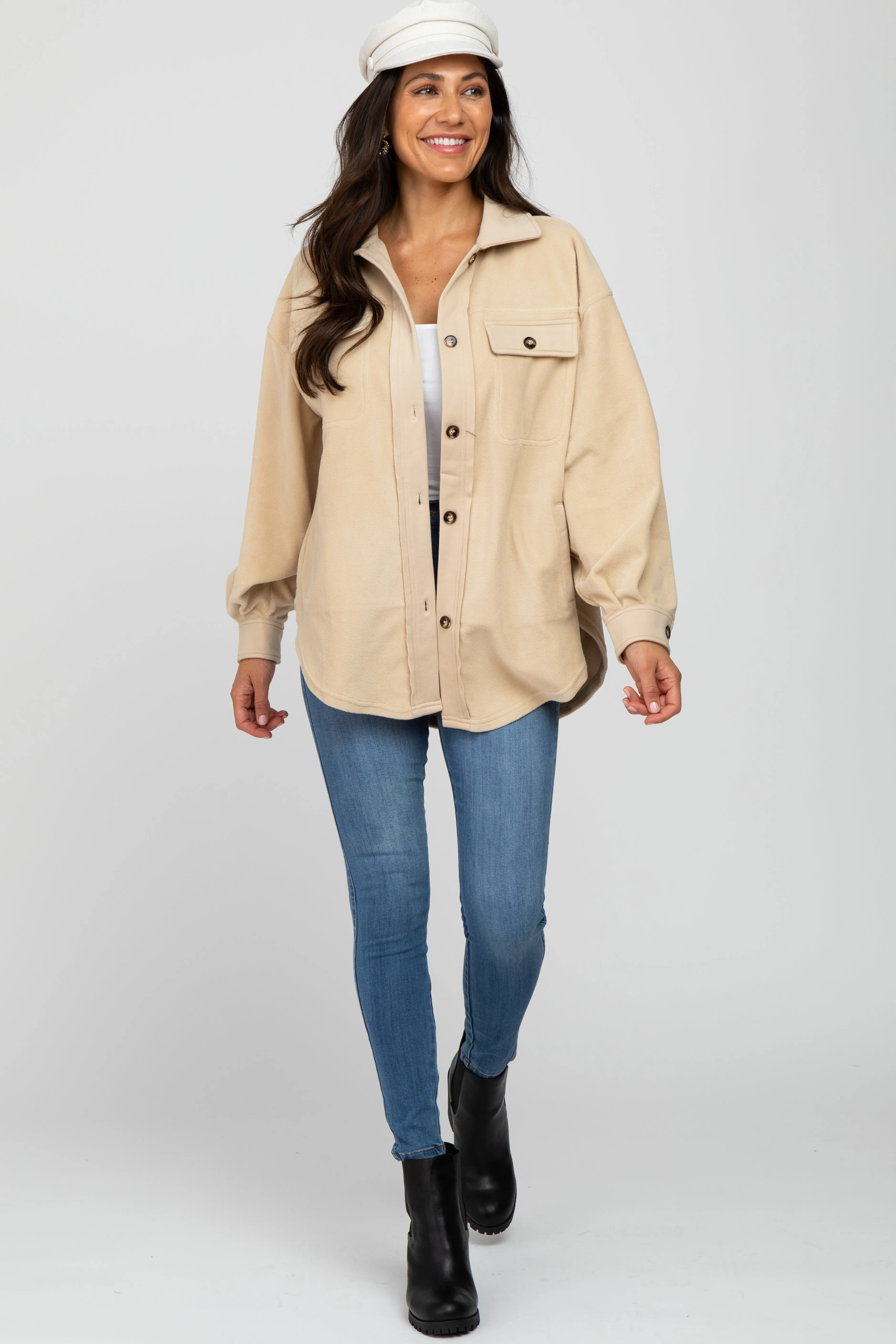 Beige Fleece Button Down Oversized Jacket