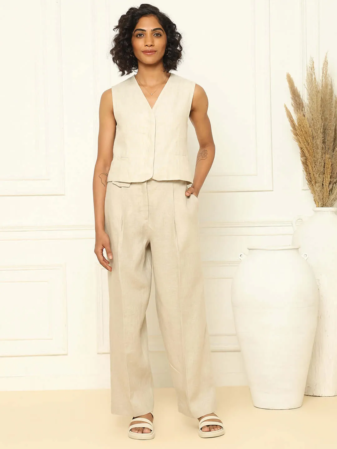 Beige Linen Waistcoat & Trousers