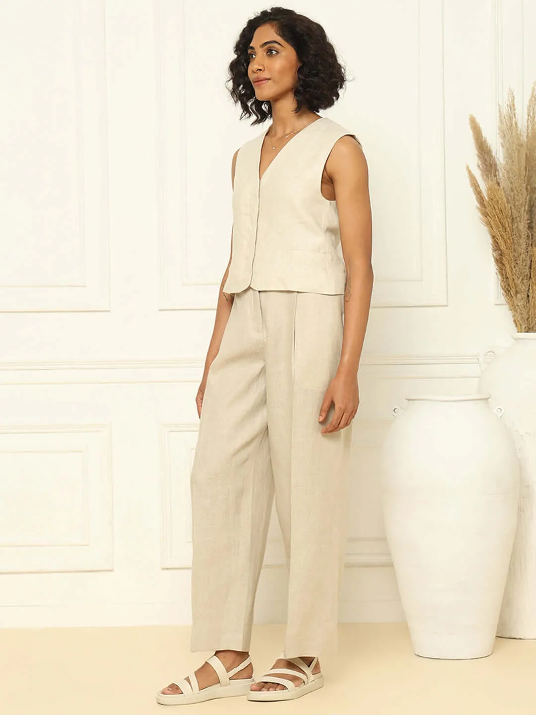 Beige Linen Waistcoat & Trousers