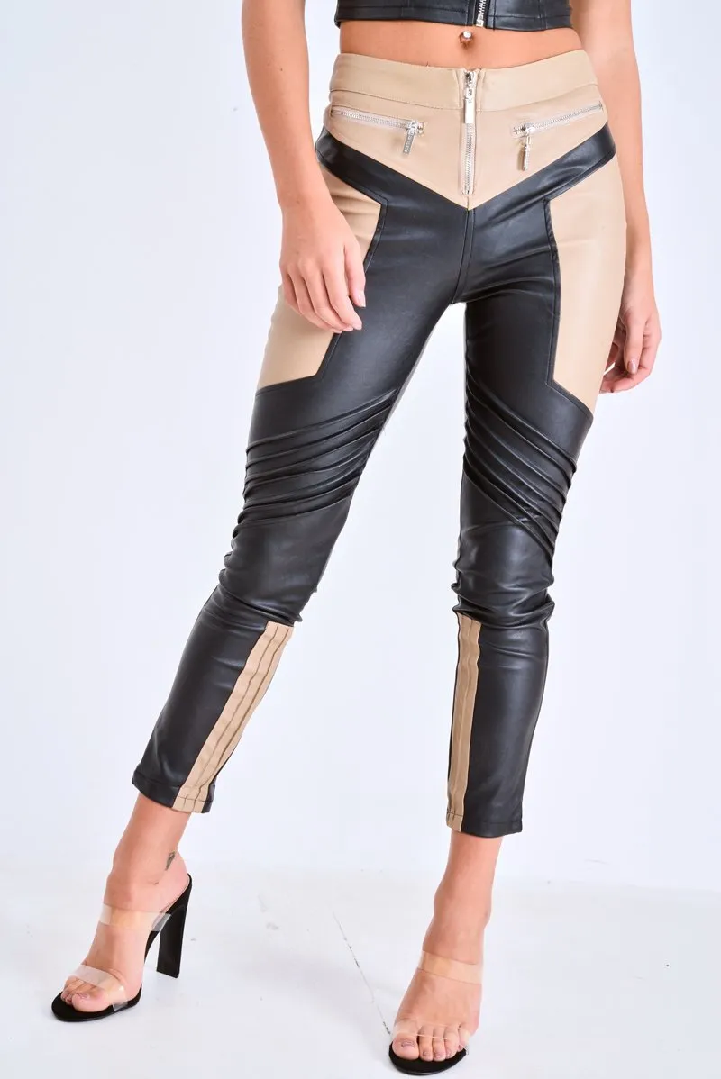 Beige PU Colour Block Trousers - Mammie