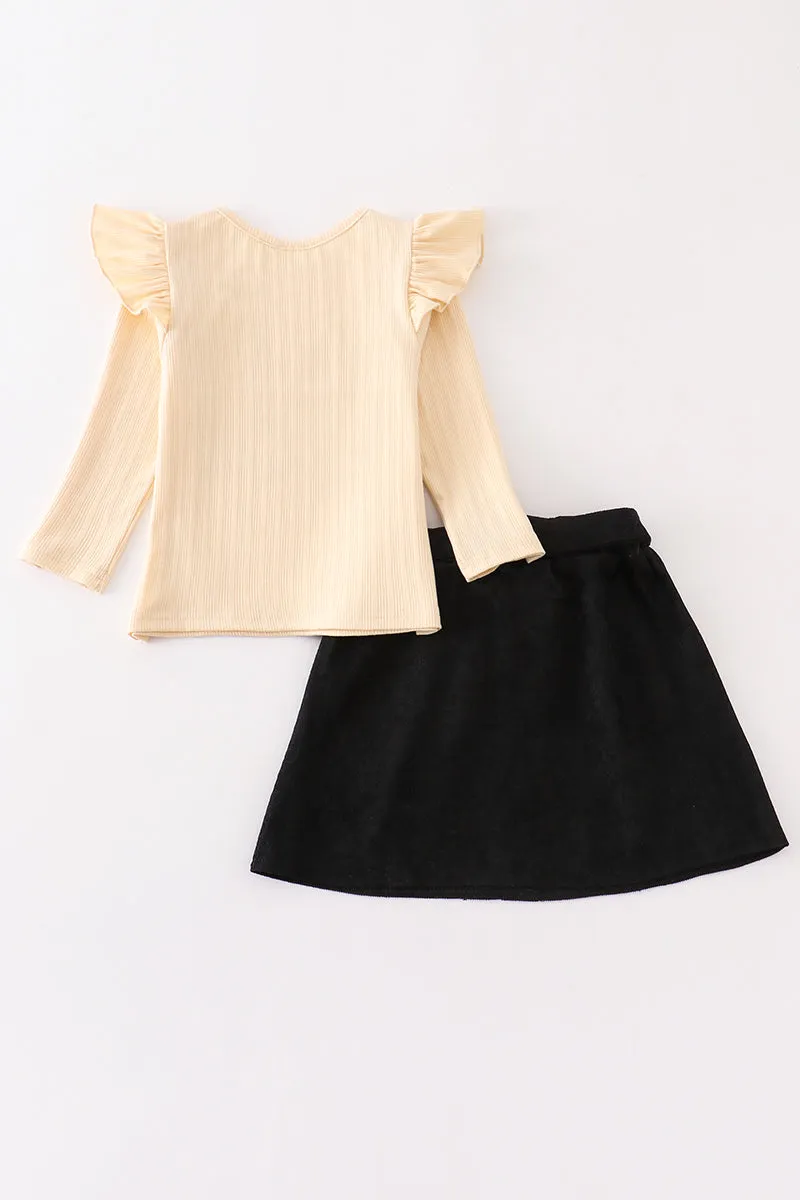 Beige "FALL" ruffle girl skirt set