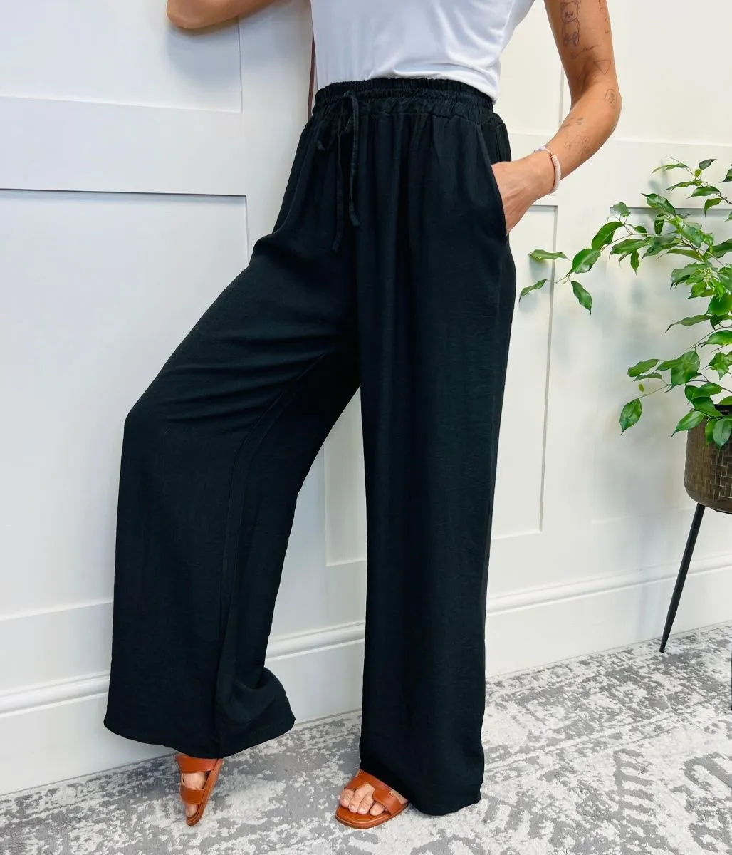 Black Linen Look Wide Trousers