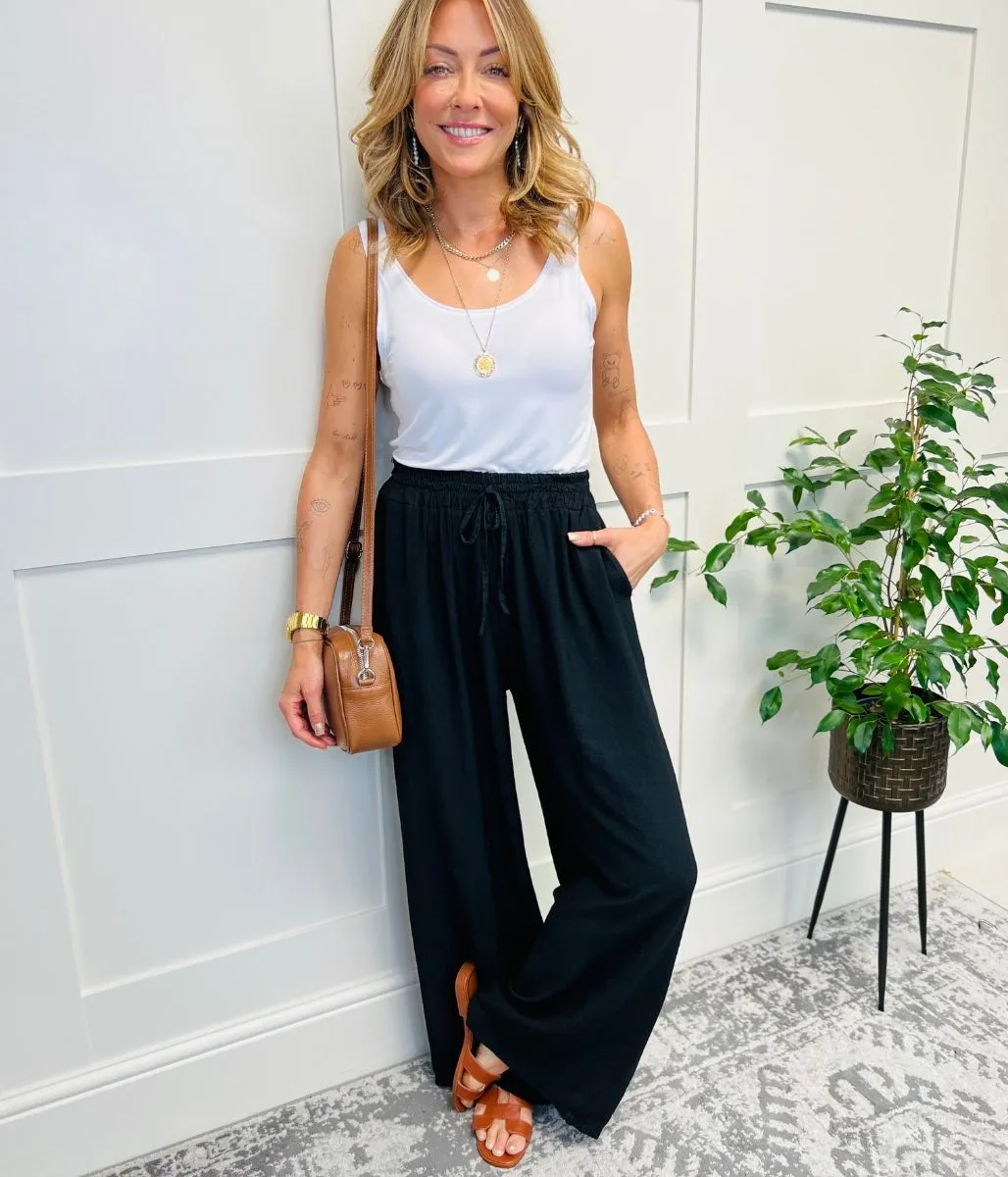 Black Linen Look Wide Trousers