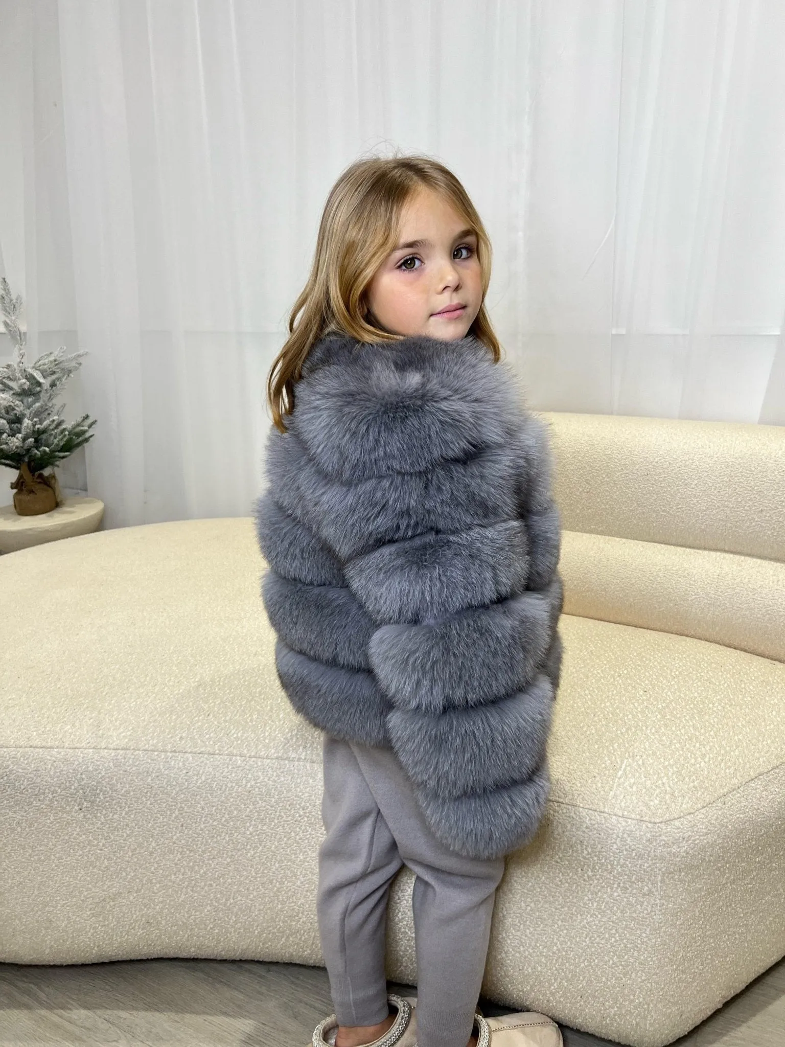 Childrens Grey Luxury Fur Coat