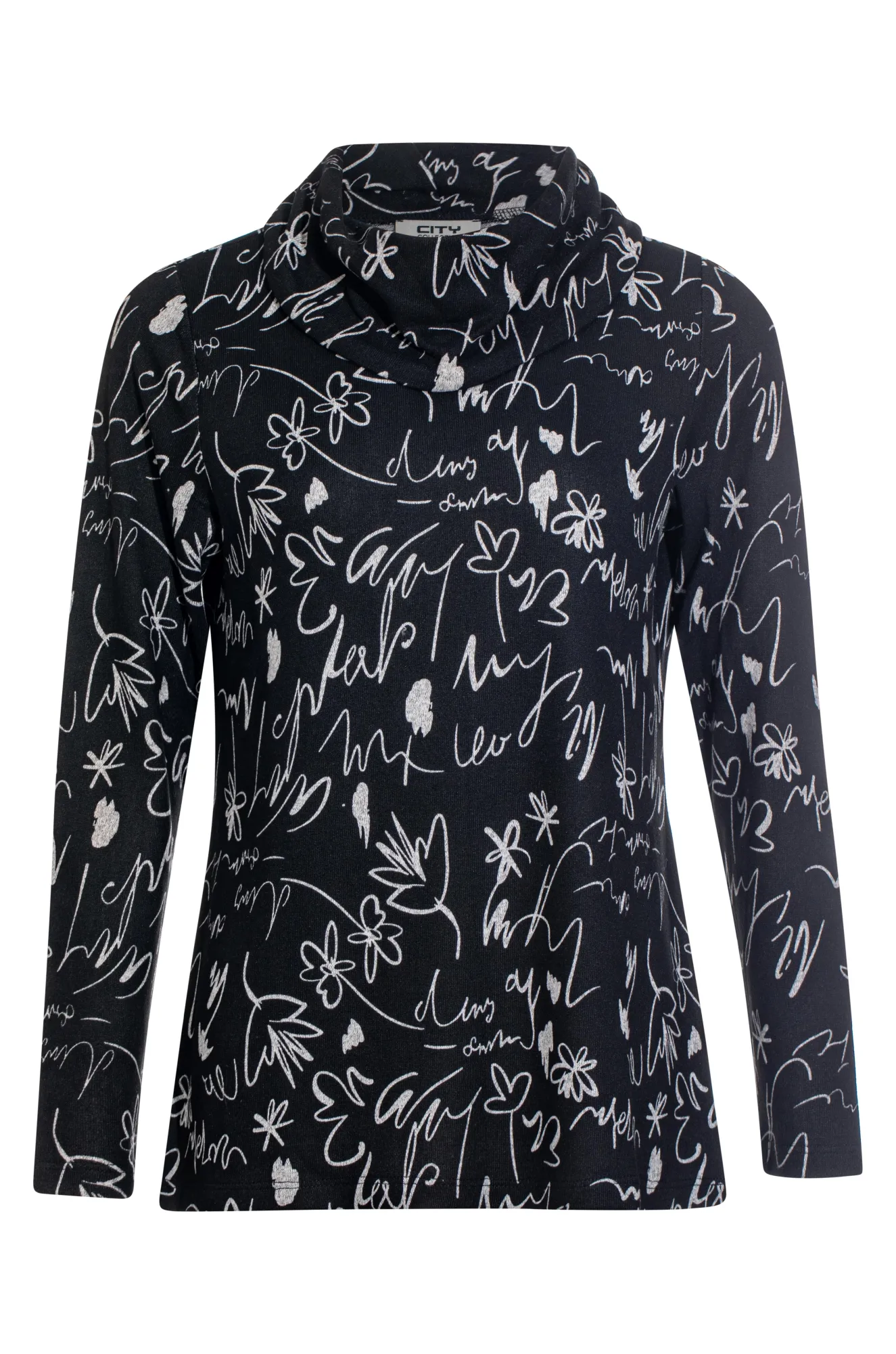 Cowl neck Printed Warm Touch Top | Black Silver Text | 7900ZZ