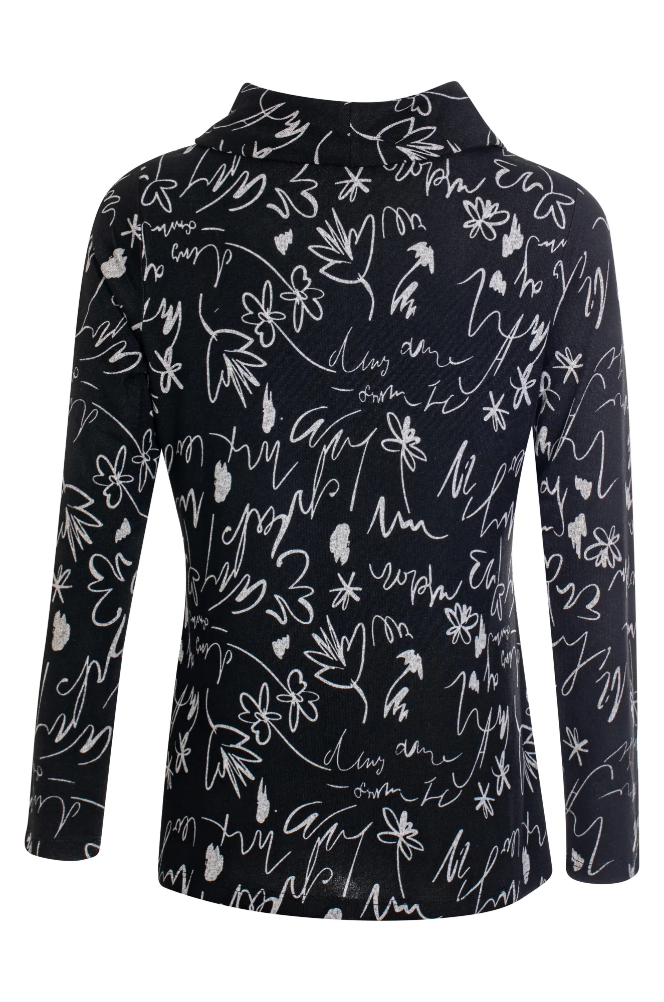 Cowl neck Printed Warm Touch Top | Black Silver Text | 7900ZZ