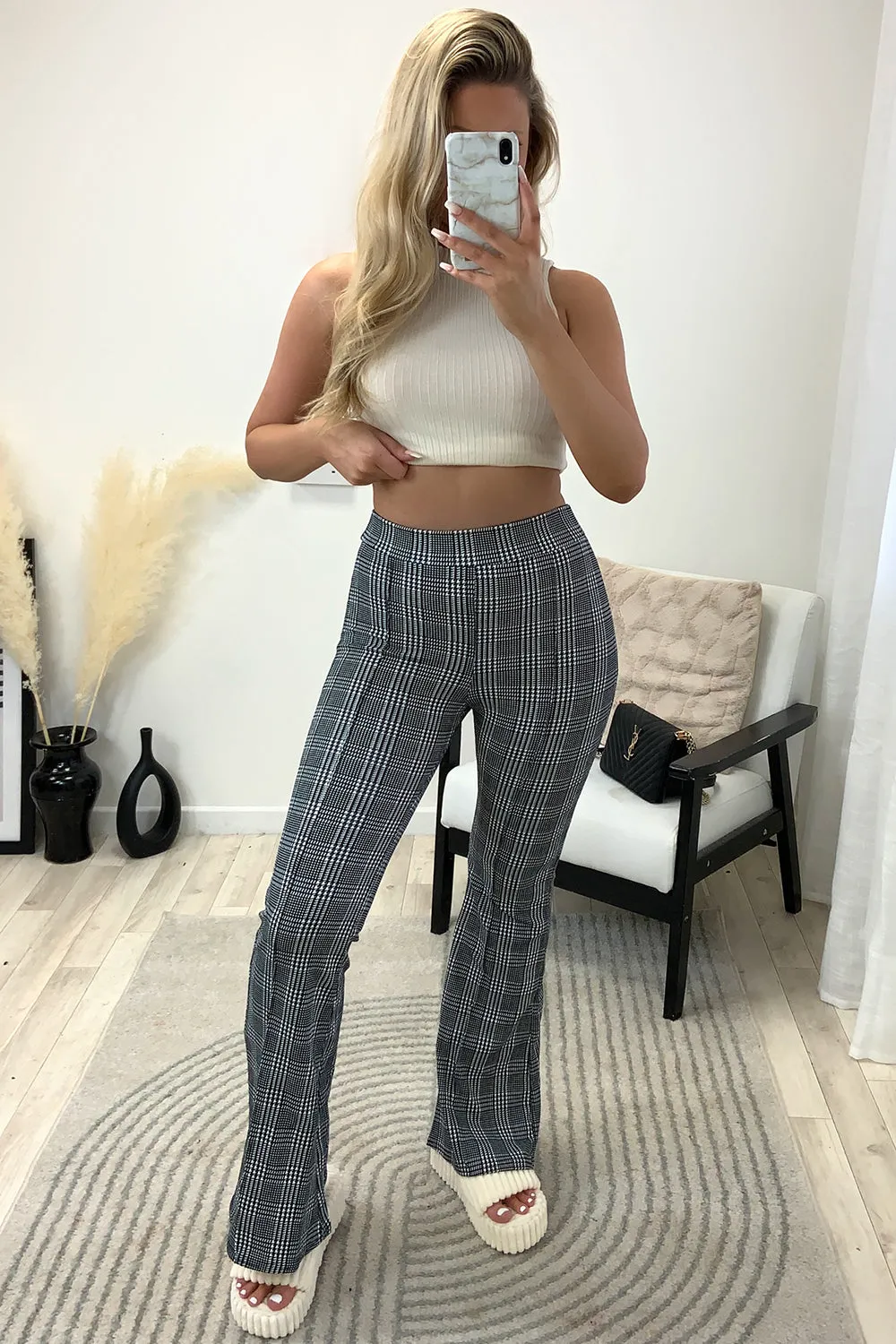 Daisie Black and White Houndstooth Print Flare Trousers