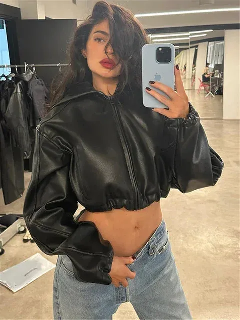 Girlary Fall Zipper Jackets For Women Loose Faux Pu Leather Crop Tops Jackets Coats Varsity Bomber Long Sleeve Hoodie Black Jackets