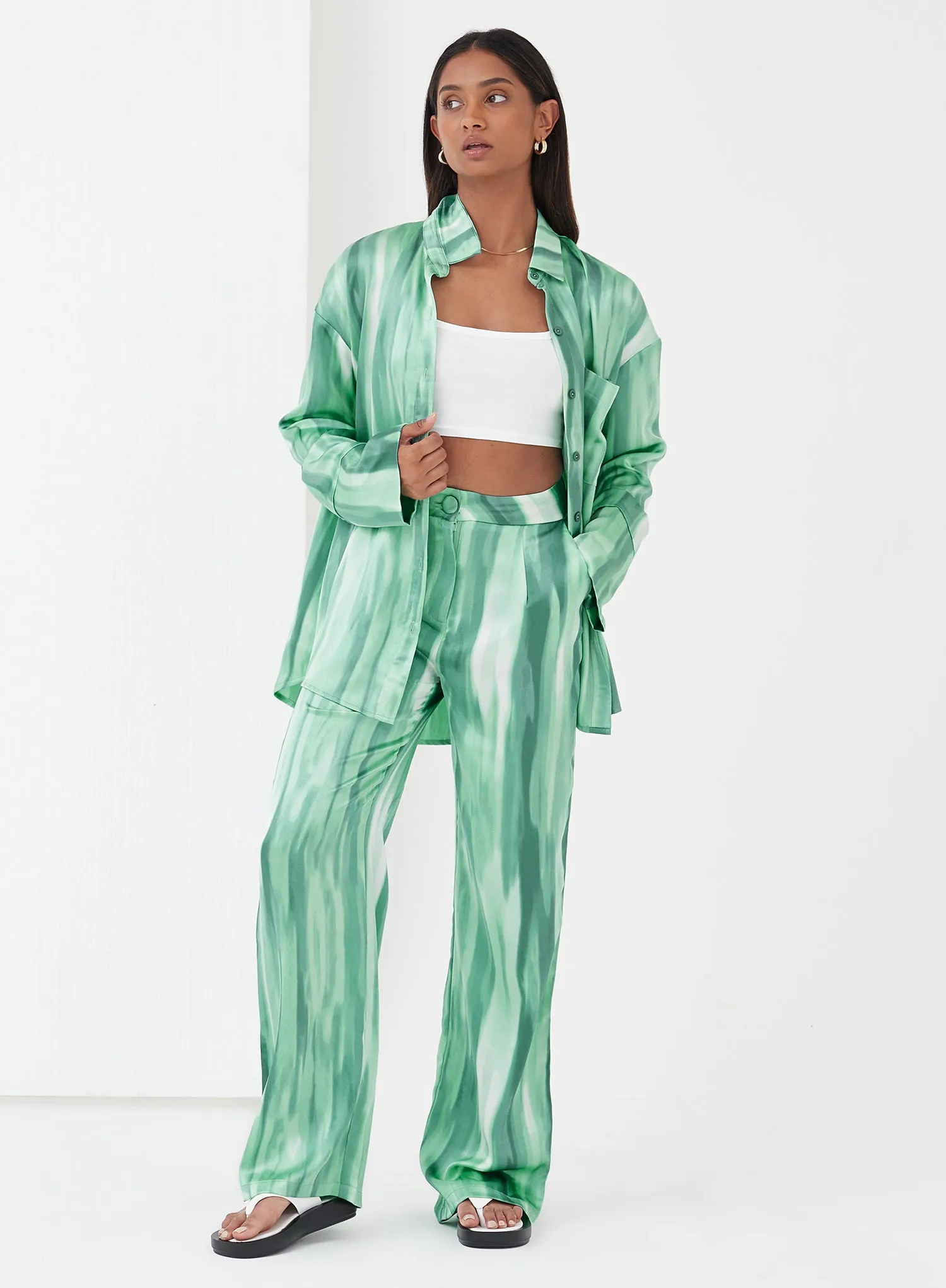 Green Dye Print Satin Trousers - Norma