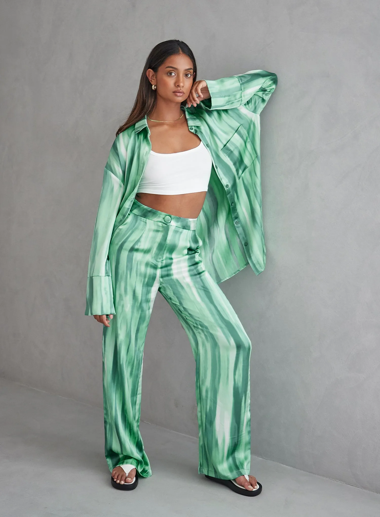 Green Dye Print Satin Trousers - Norma