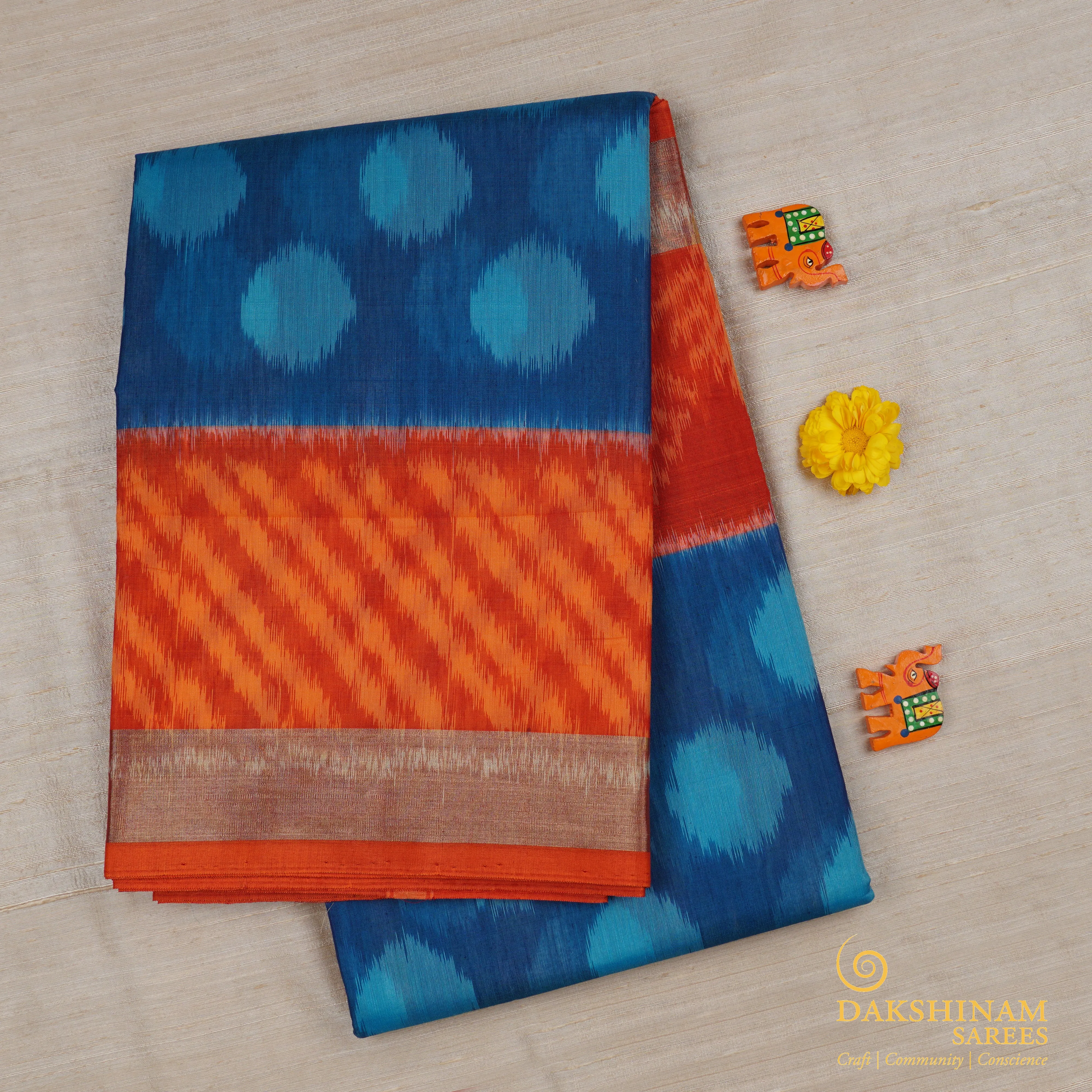 Handwoven Blue with Orange Silk Cotton Saree - 1695T007858DSC