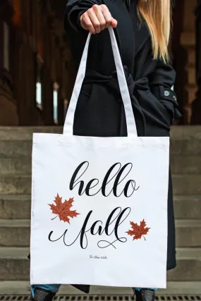 Hello Fall (Autumn) White Tote Bag with Zipper