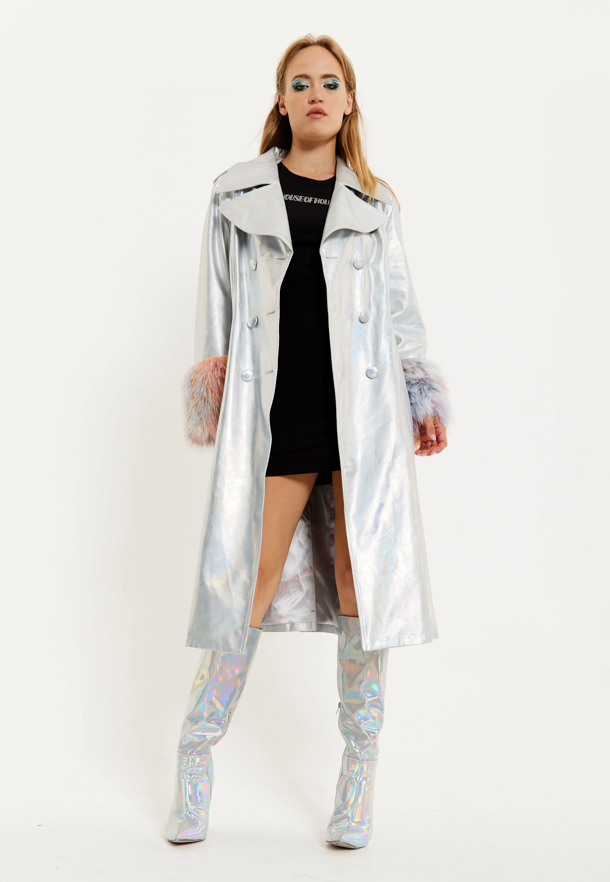 House Of Holland Fur Cuff Iridescent Trench Coat