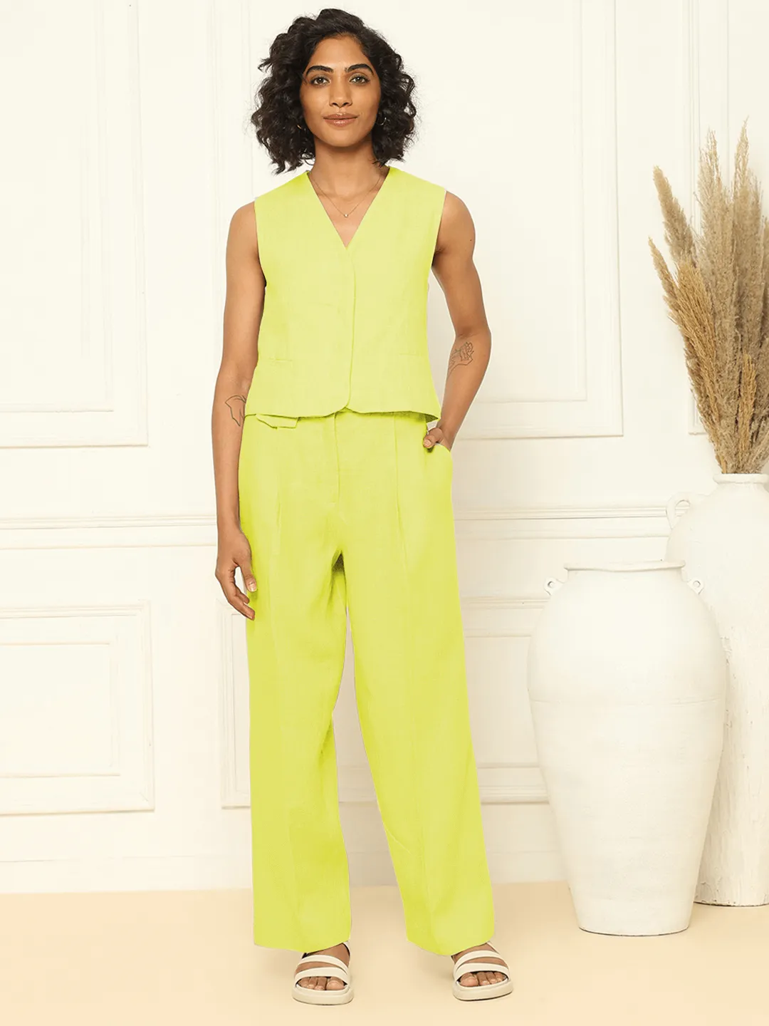 Lime Linen Waistcoat & Trousers