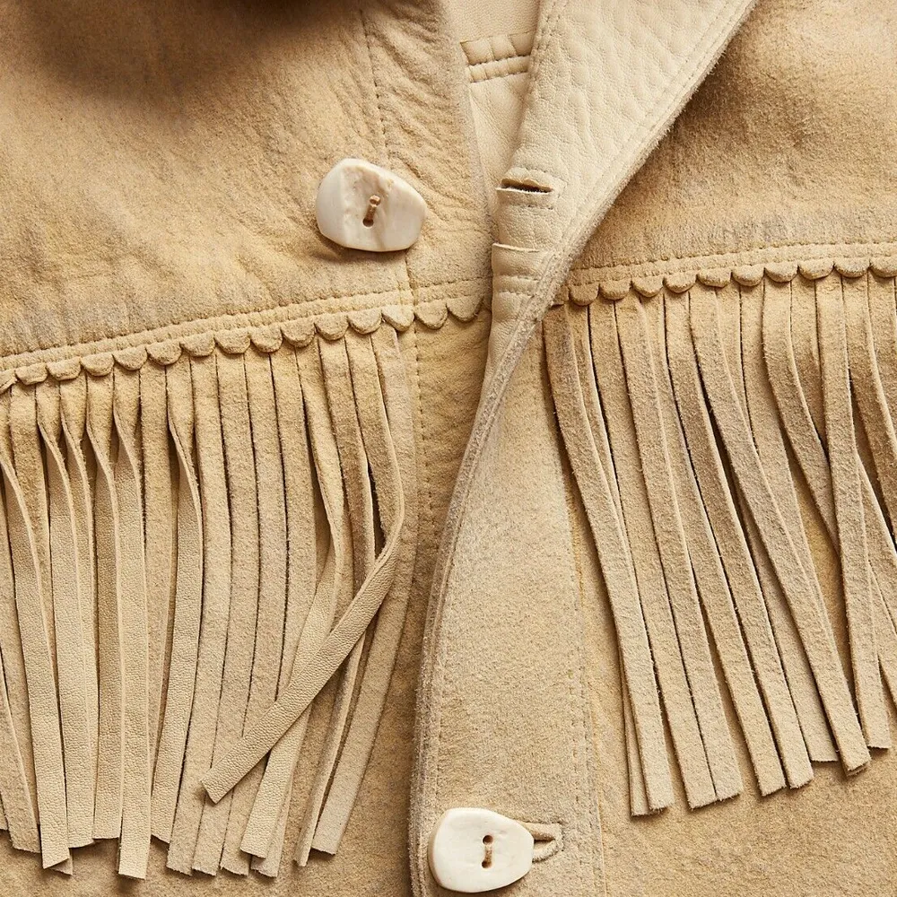 Mens Brown Western Suede Leather Jacket With Beads Fringes