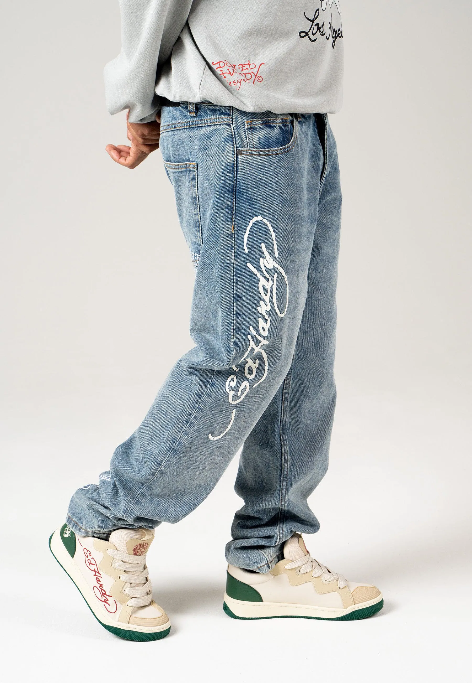 Mens Golden-Eagle Tattoo Graphic Denim Trousers Jeans - Bleach