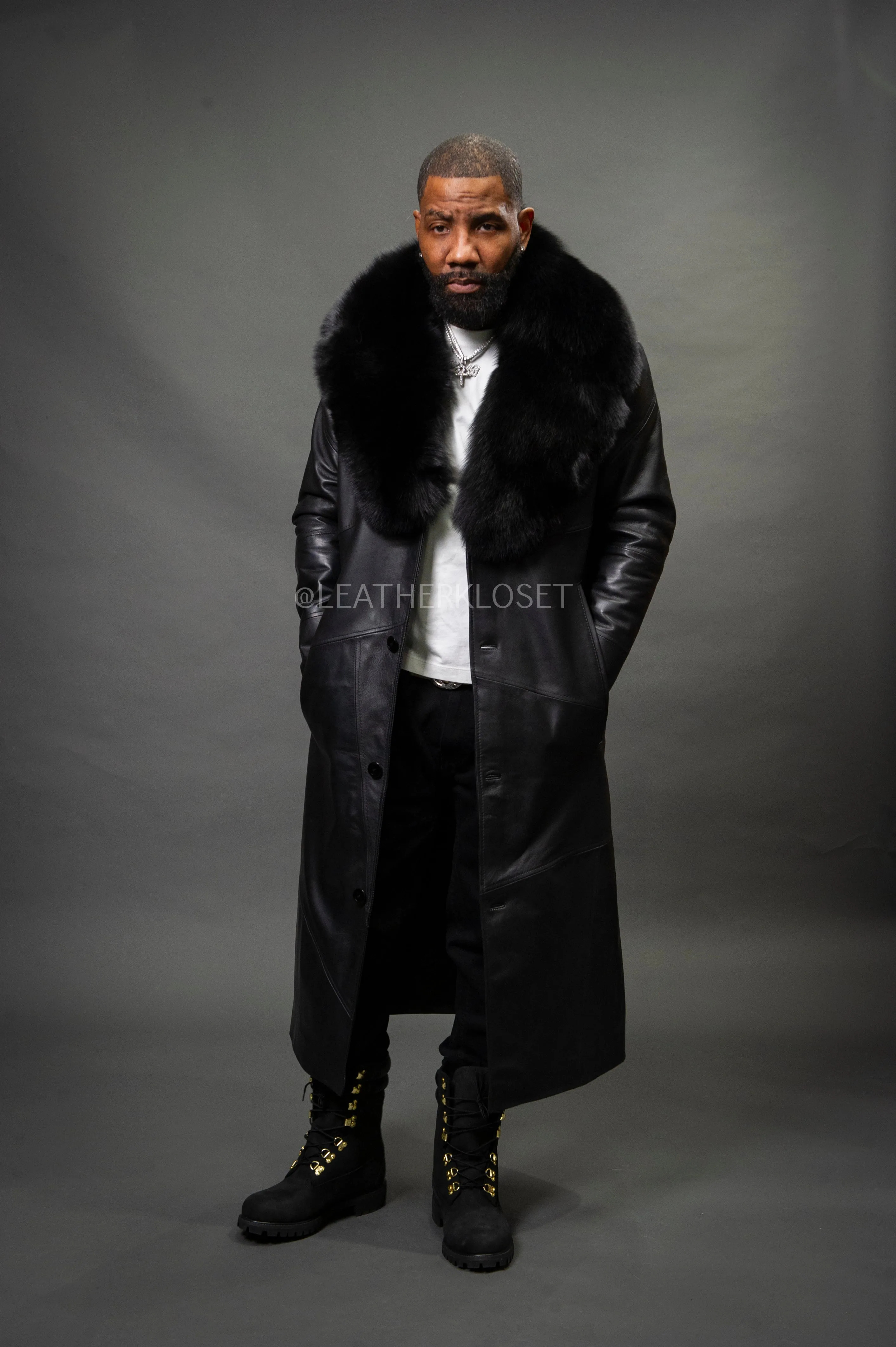 Men's Leather Unnameable Trench Coat With Fox Collar [Black]