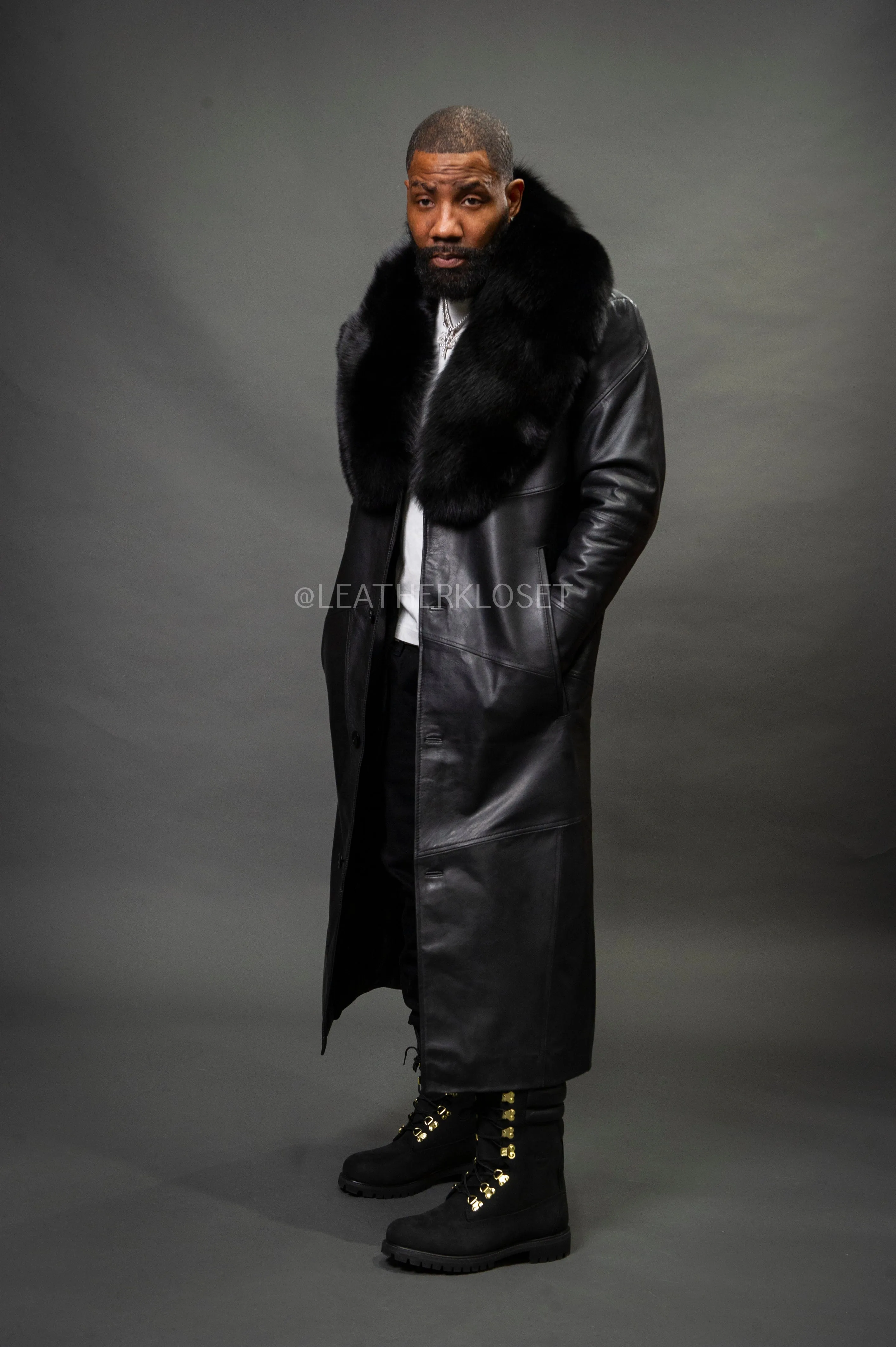 Men's Leather Unnameable Trench Coat With Fox Collar [Black]