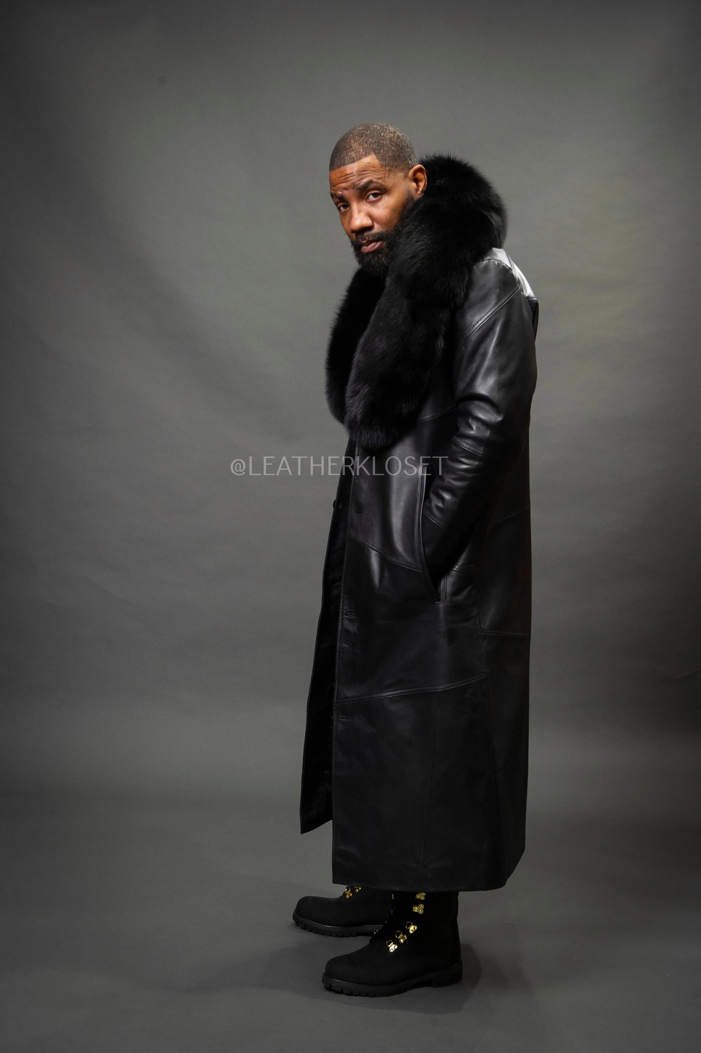 Men's Leather Unnameable Trench Coat With Fox Collar [Black]