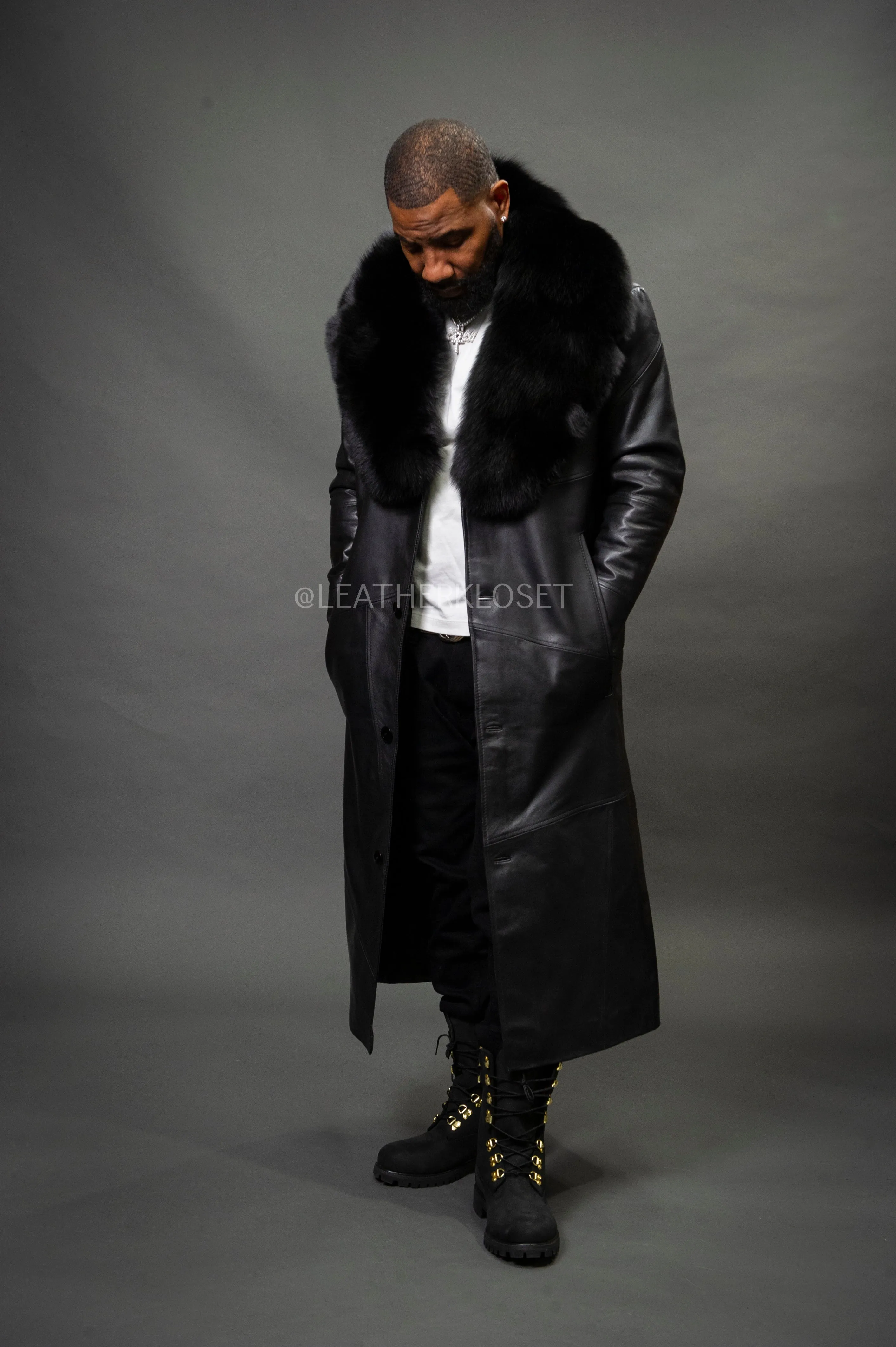 Men's Leather Unnameable Trench Coat With Fox Collar [Black]