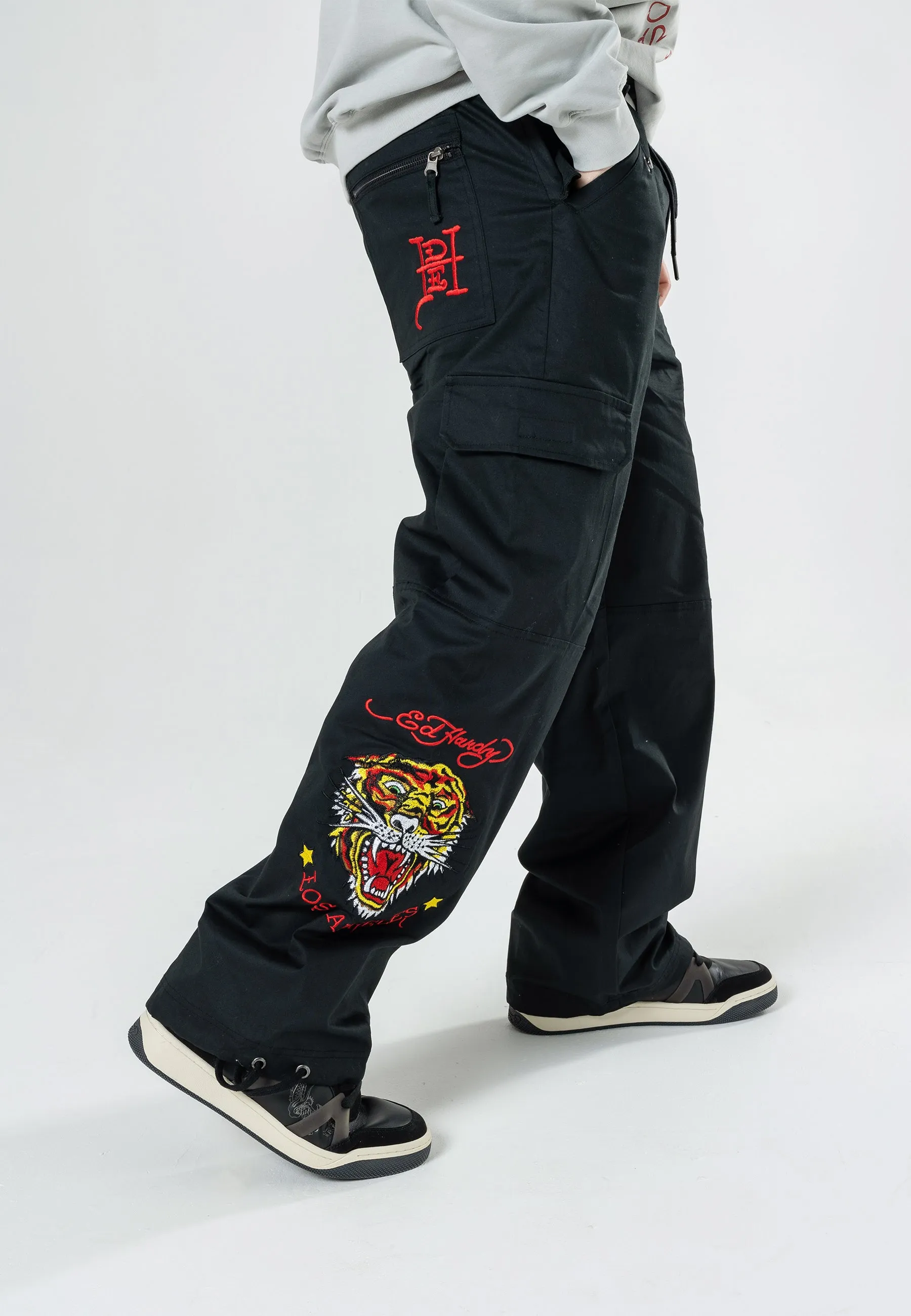 Mens Roar Tiger Cargo Pants Trousers - Black