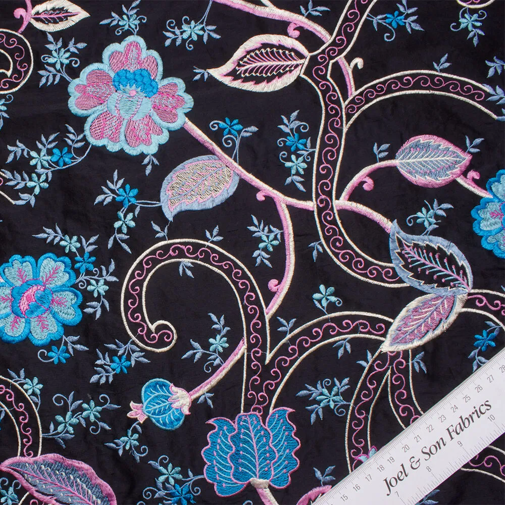 Midnight Blue/Floral Embroidered Silk Dupion