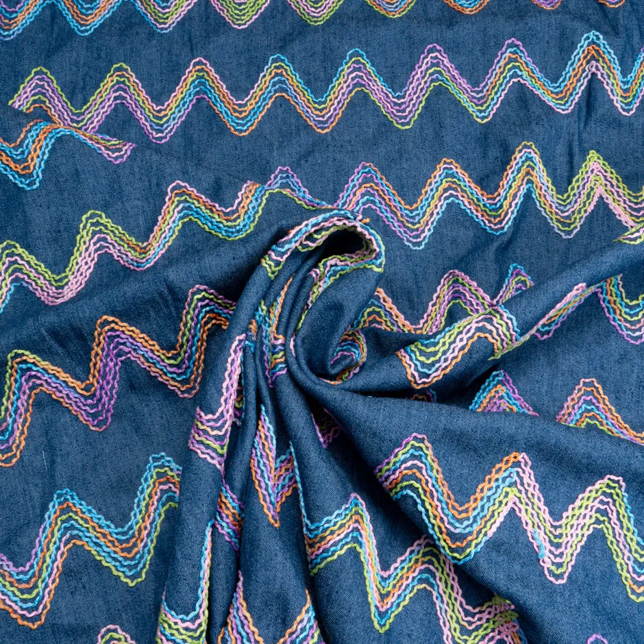 Multi-Coloured Zig Zag Embroidered Blue Denim