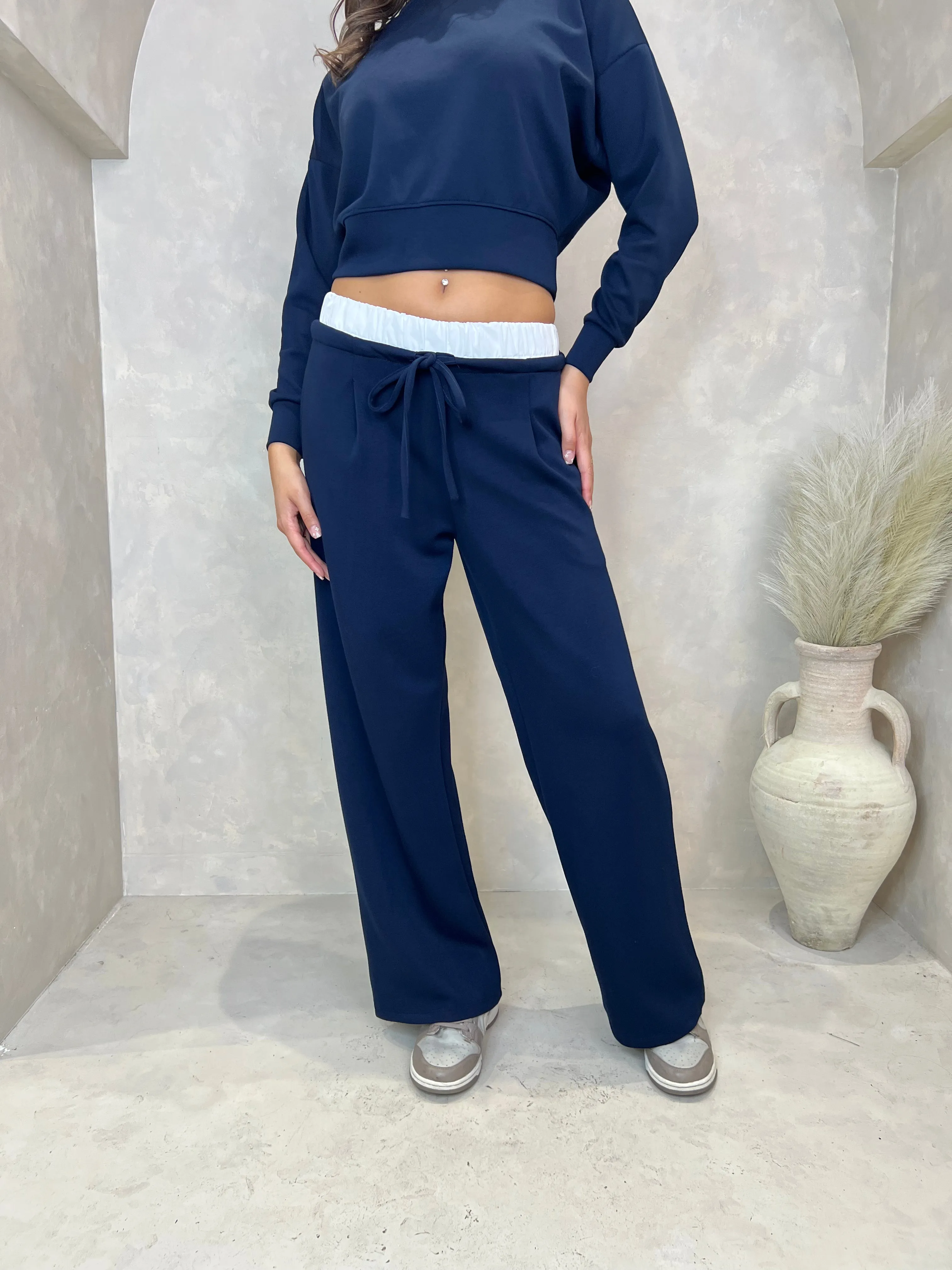 Navy Drawstring Wide Leg Trousers