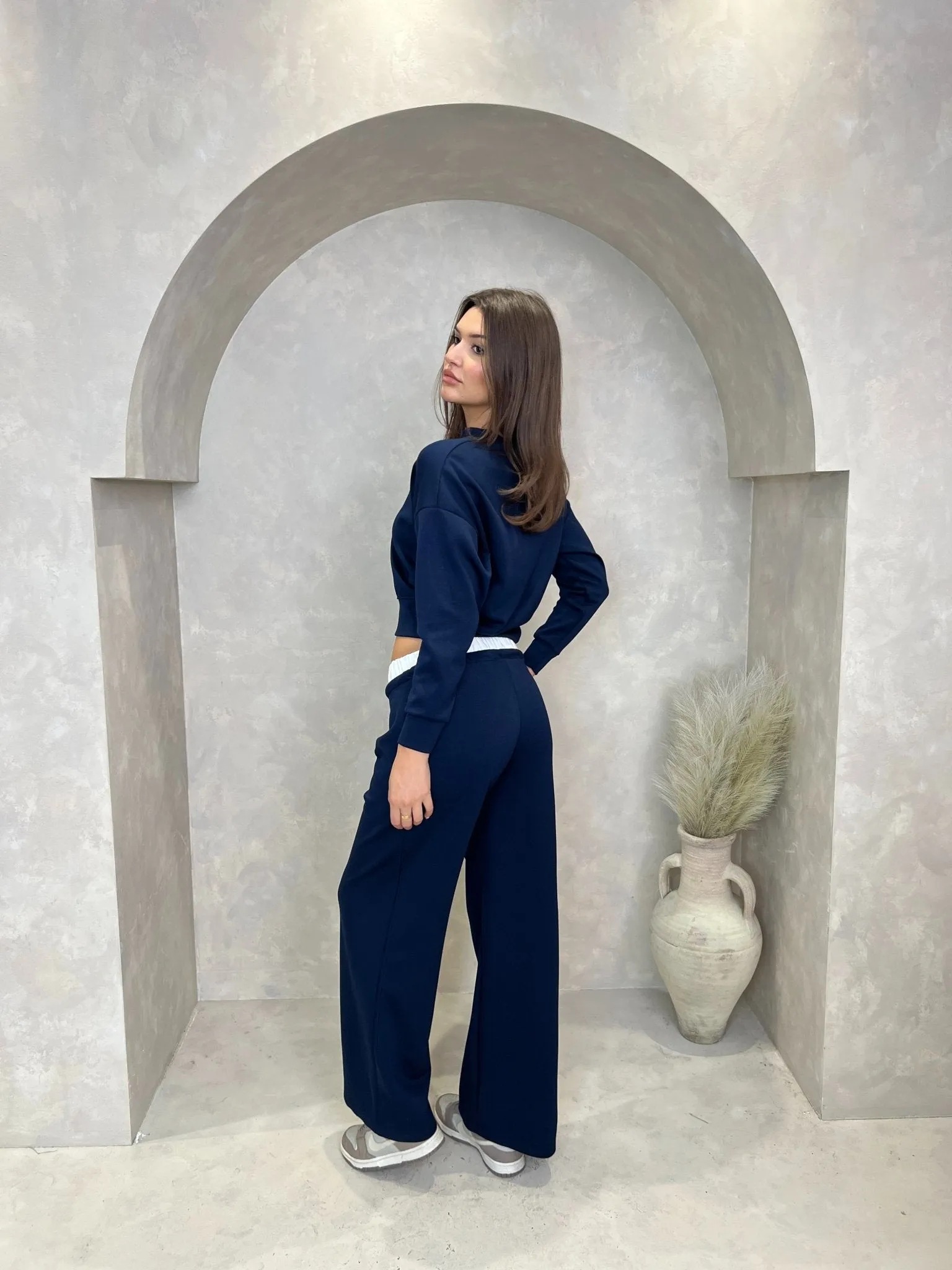 Navy Drawstring Wide Leg Trousers