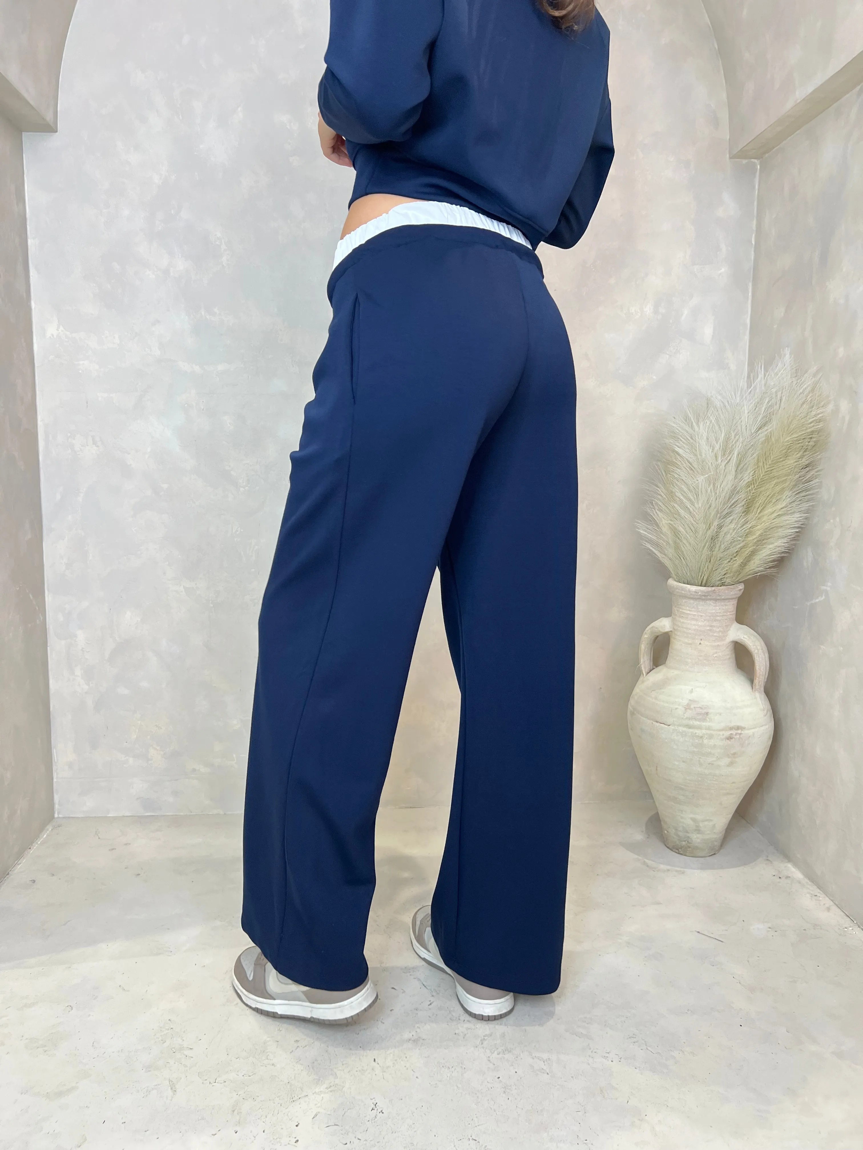 Navy Drawstring Wide Leg Trousers