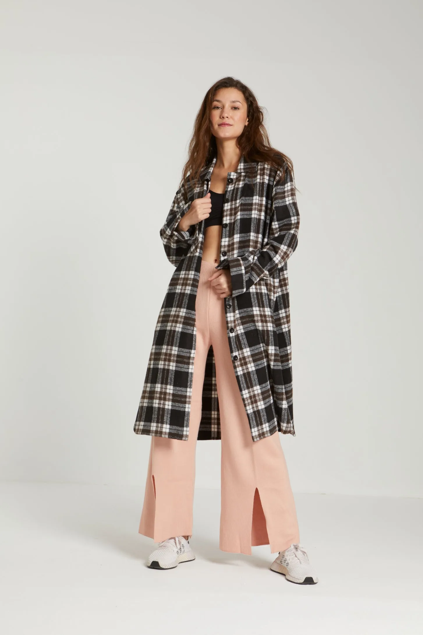 OVERSIZED CHECKED WOOL COAT - BLACK