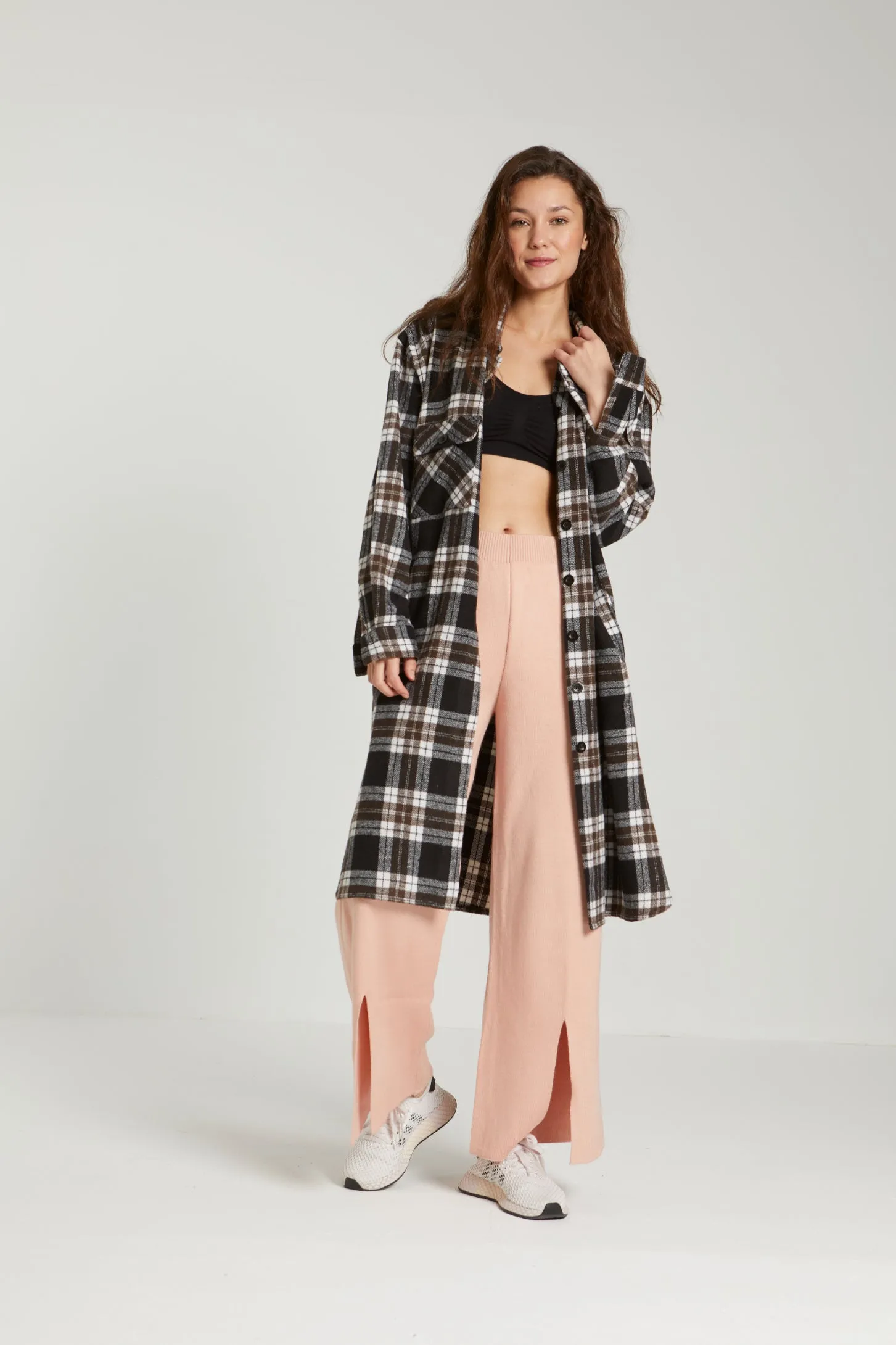 OVERSIZED CHECKED WOOL COAT - BLACK