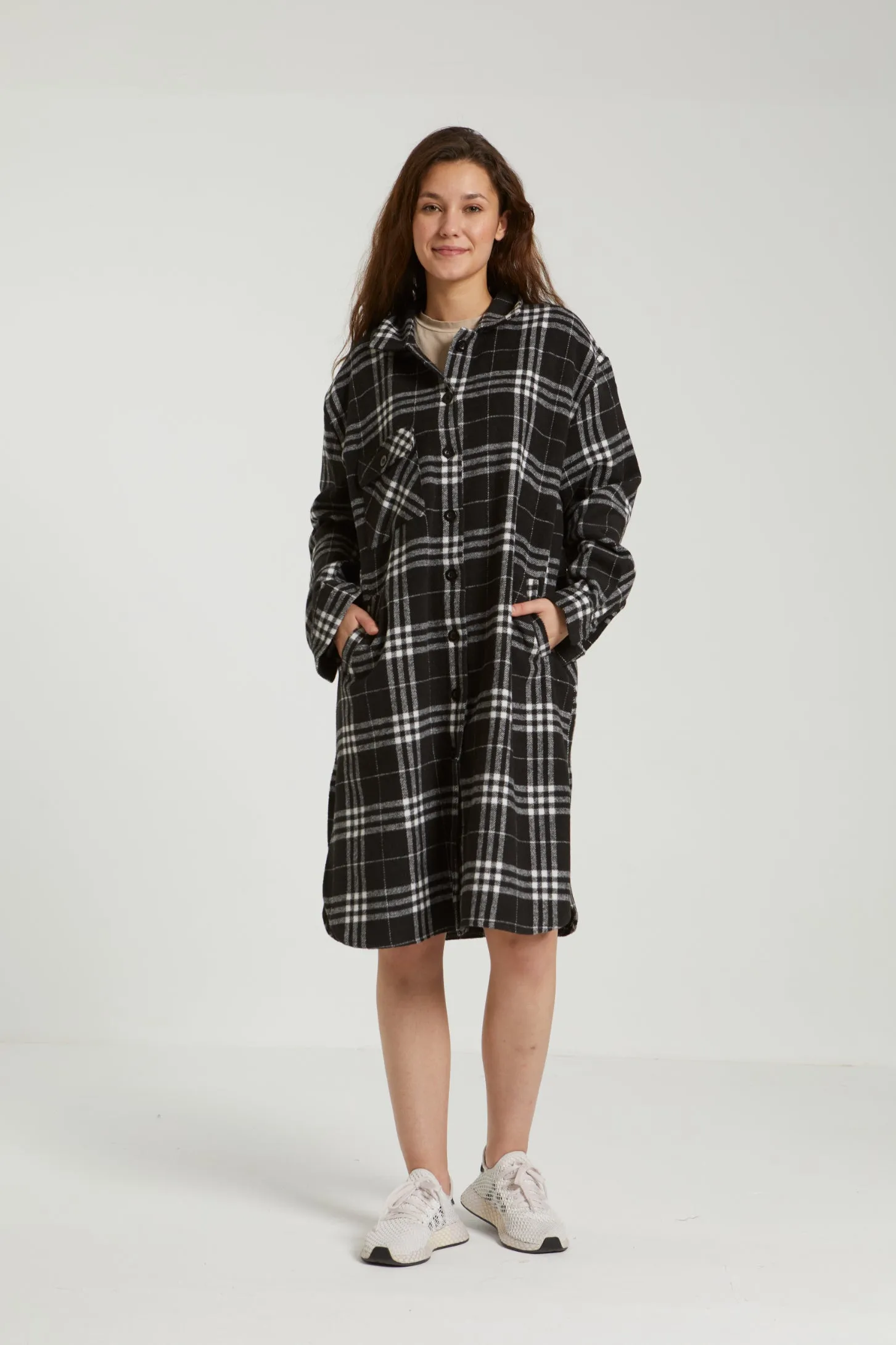 OVERSIZED PLAID WOOL COAT - BLACK