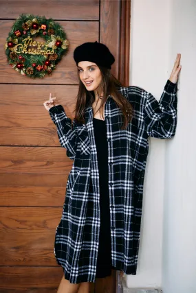 OVERSIZED PLAID WOOL COAT - BLACK