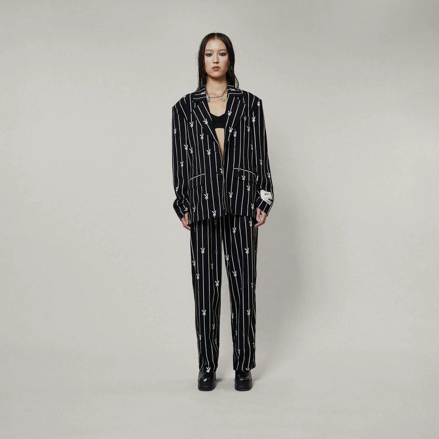 PLAYBOY X BOY BUNNY PINSTRIPE TROUSERS - BLACK