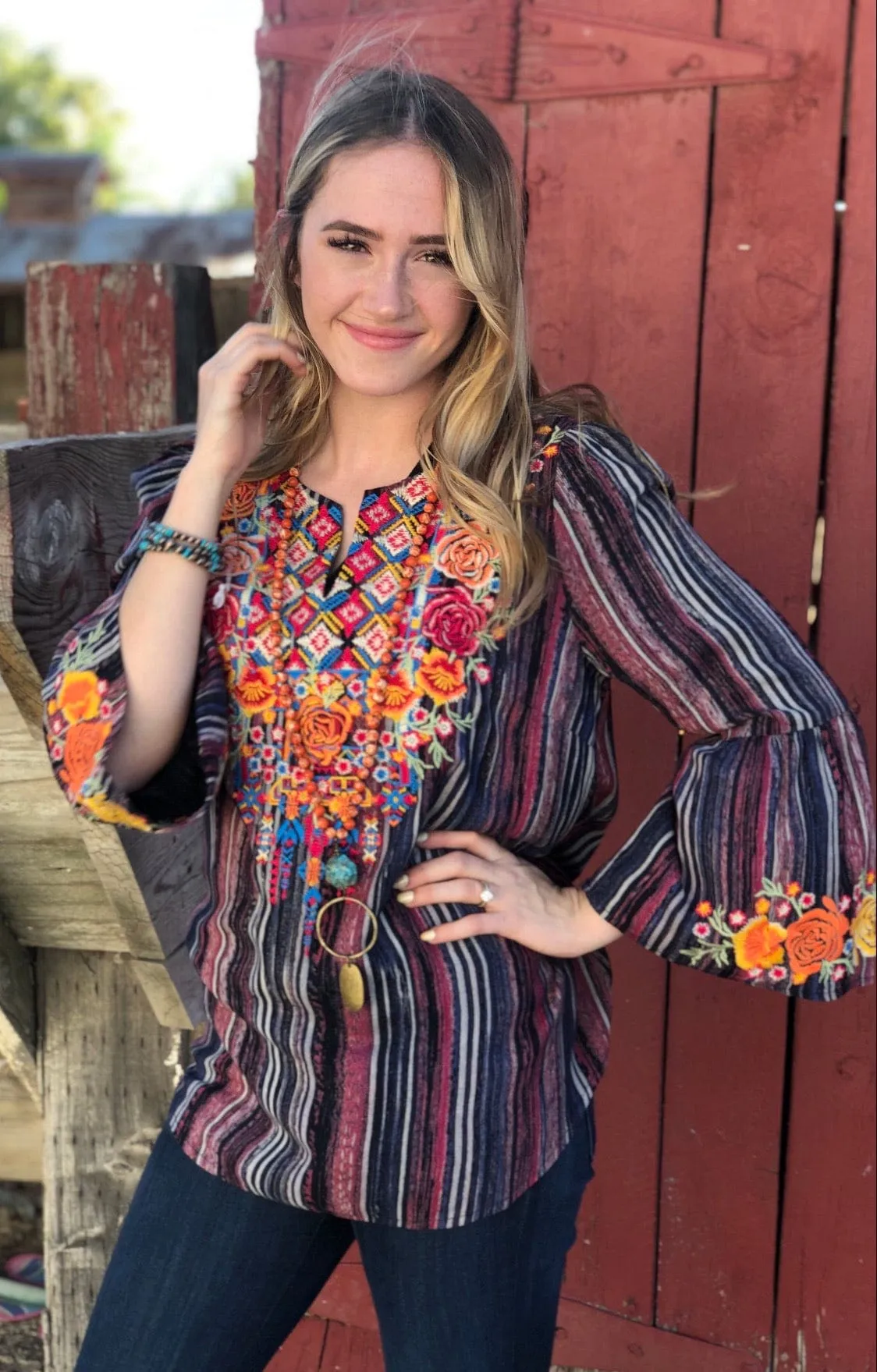 The Fall Autumn Ellensburg Embroidered Stripe Top