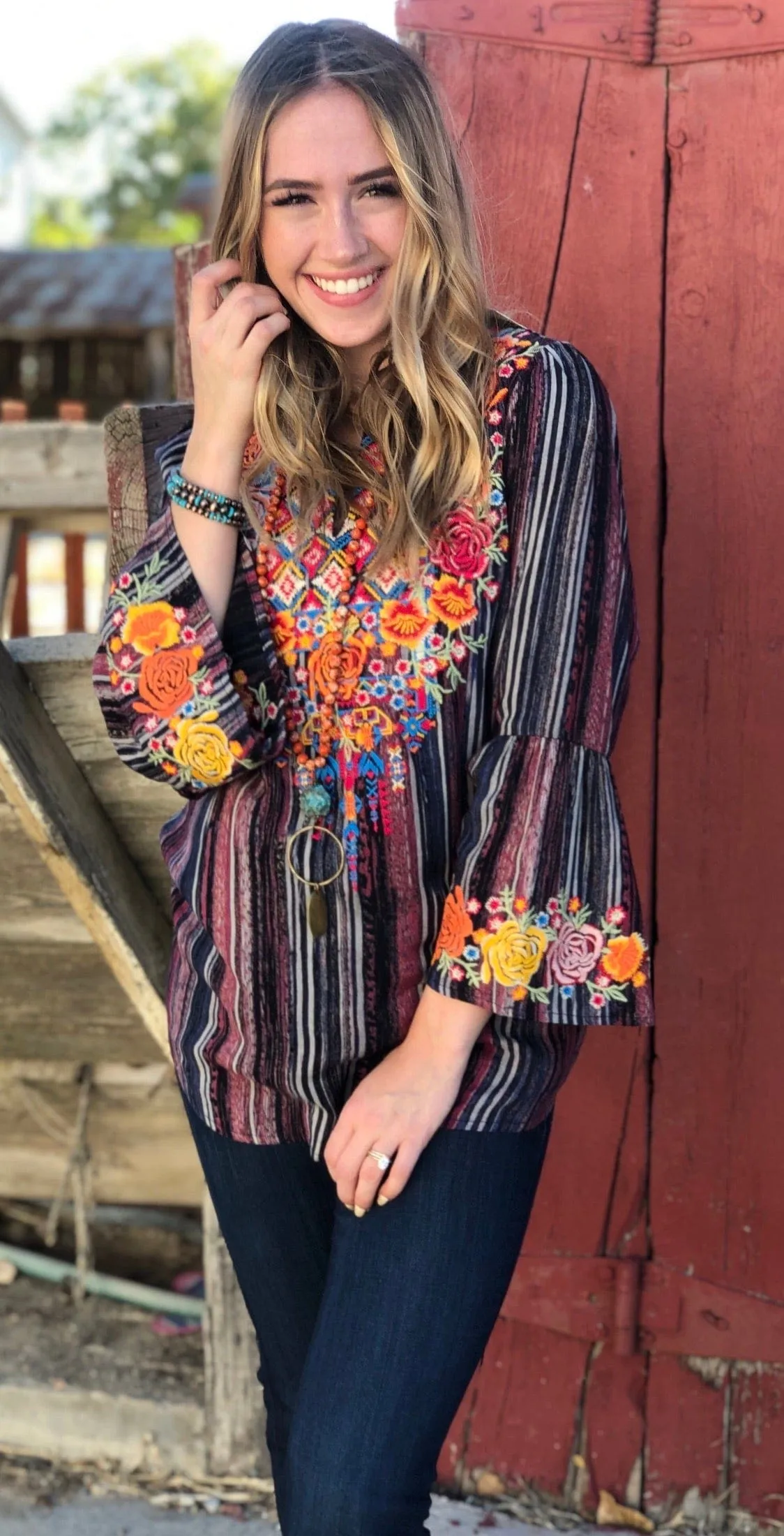 The Fall Autumn Ellensburg Embroidered Stripe Top