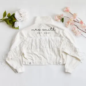 (White Fringe) Customized Mrs Bridal Fringe Jean Jacket in White