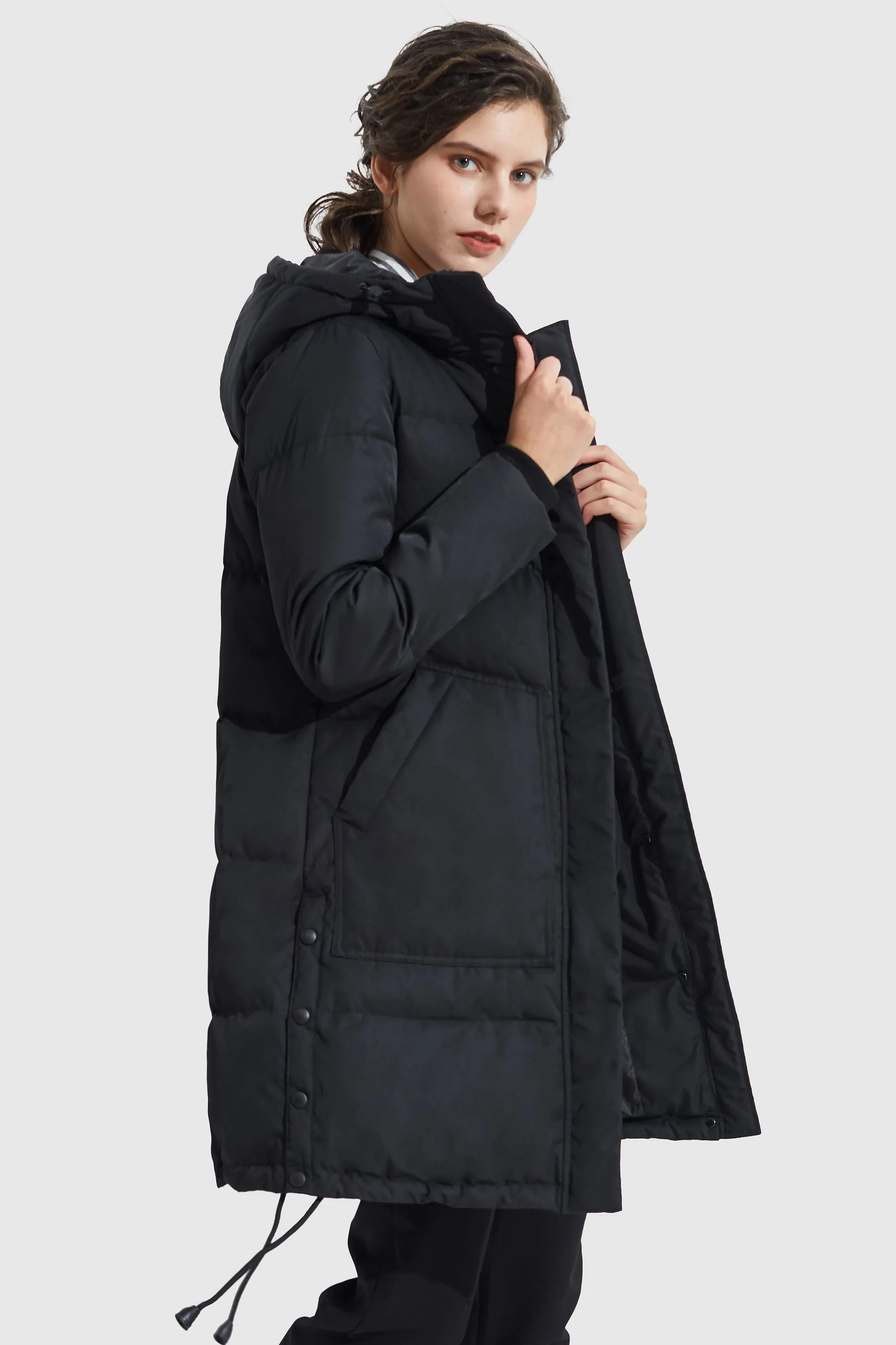 Winter Long Double Snap Hooded Down Jacket