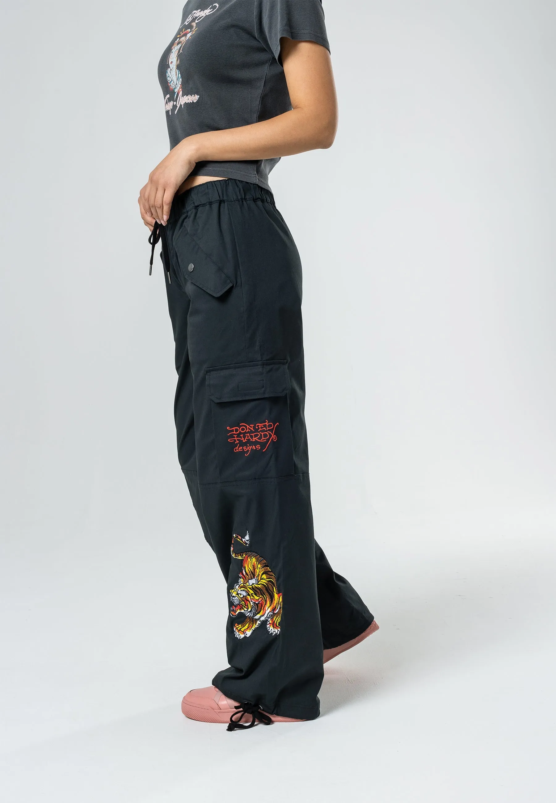 Womens Tiger Cargo Pants Trousers - Black